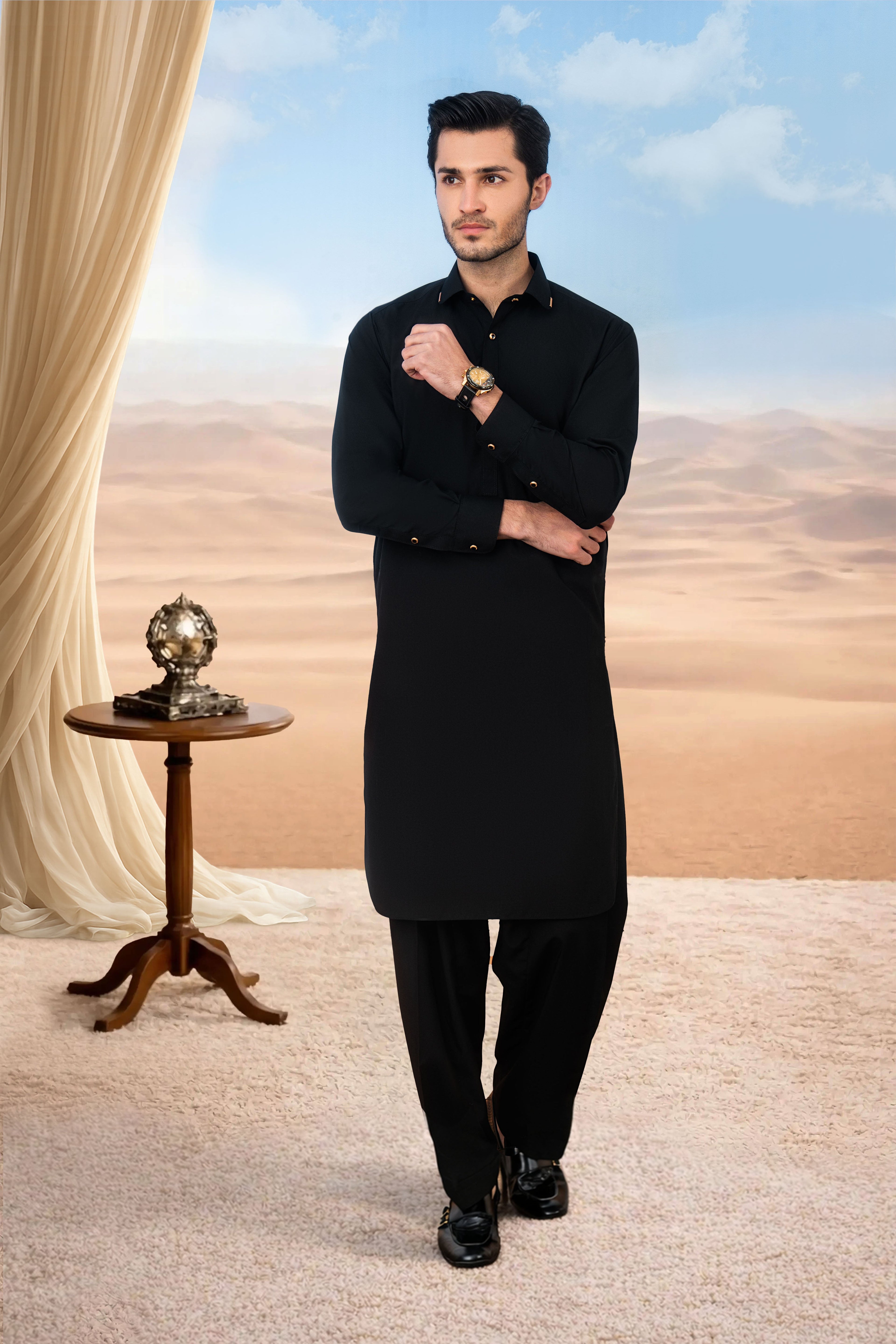 Sophisticated Kameez Shalwar with Gold Button Detailing - Black