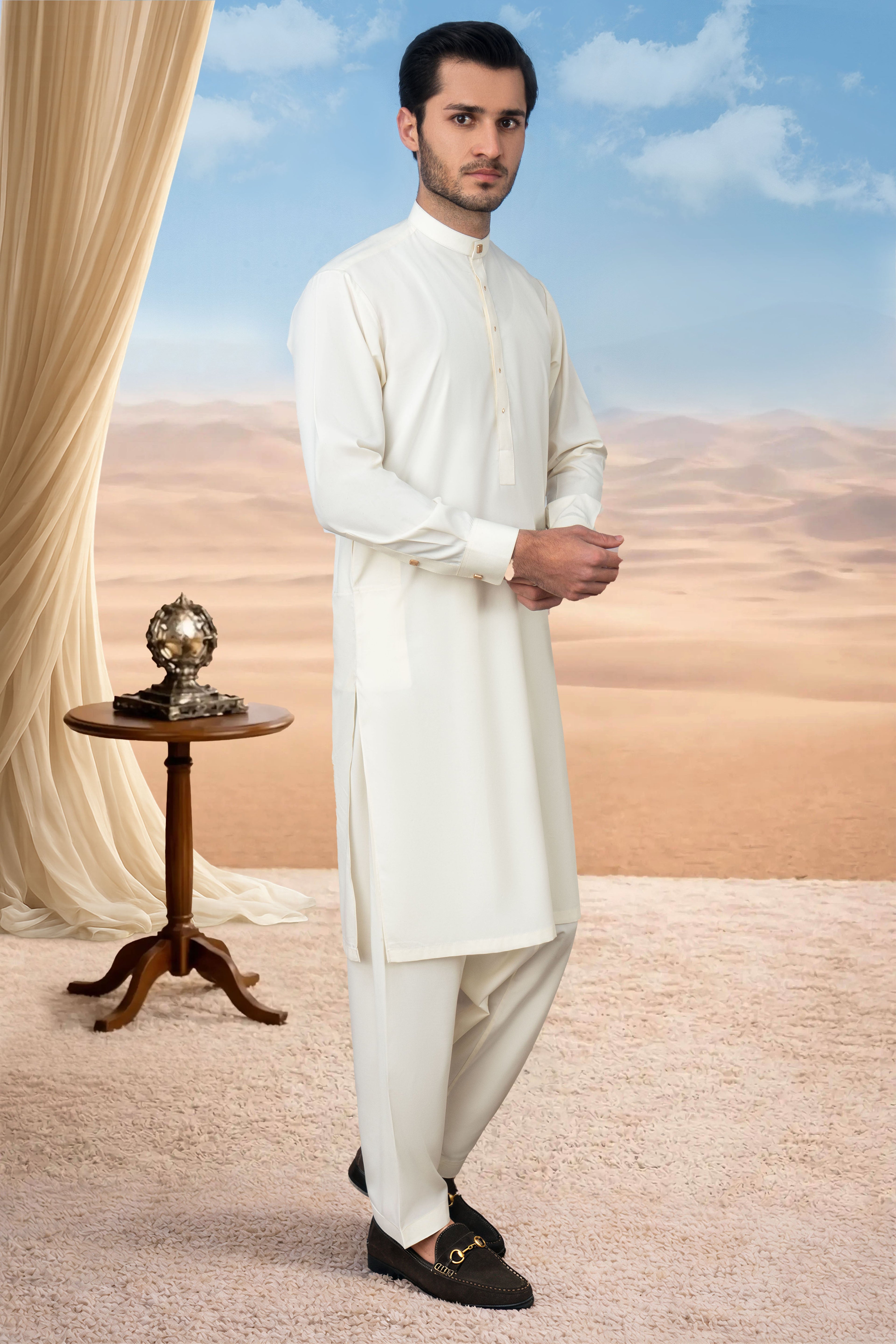 Elegant Kurta Shalwar with Minimalist Detailing - Cream Boski