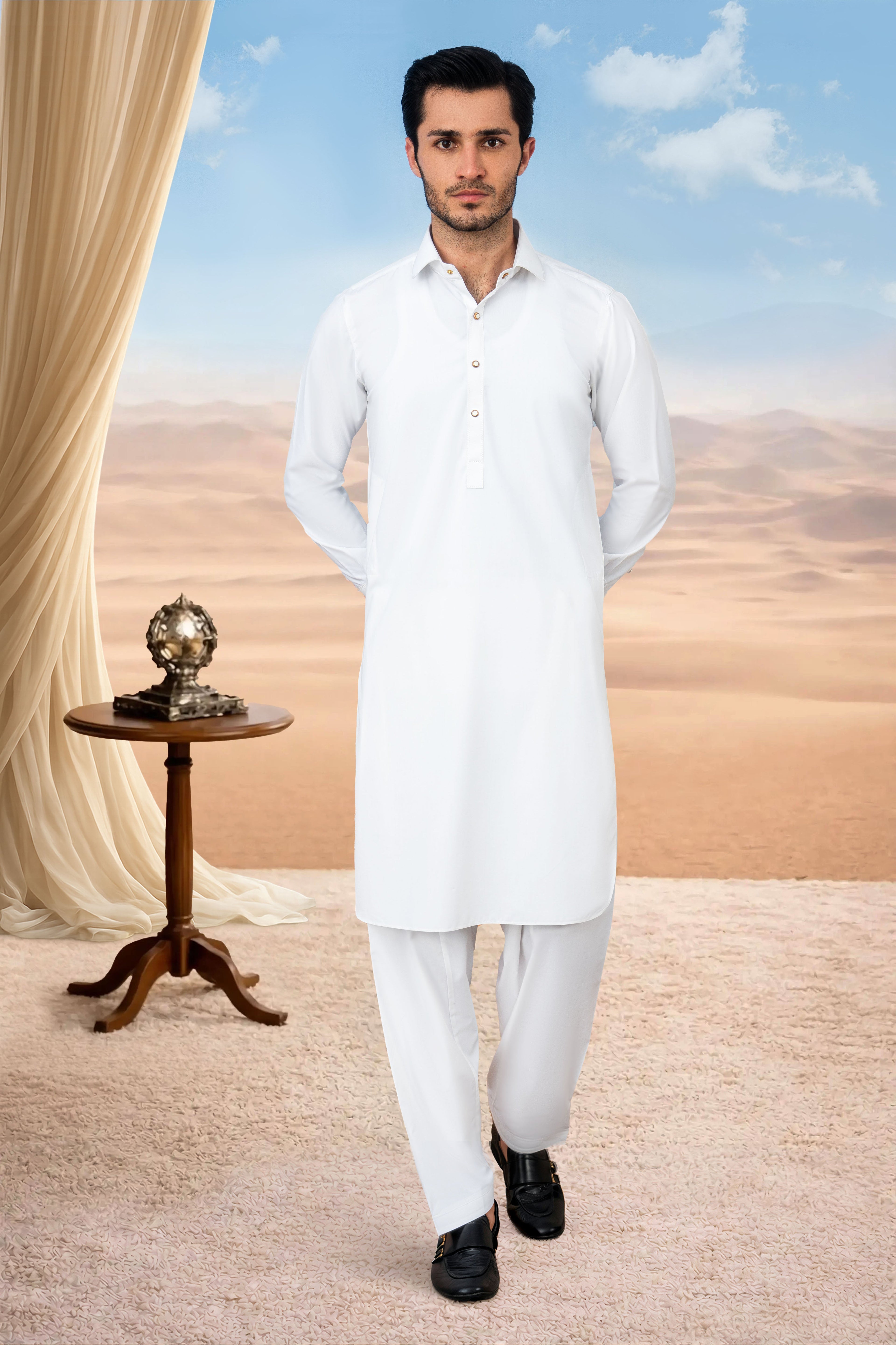 Premium Round Collar Kameez Shalwar with Button Detailing - Off White