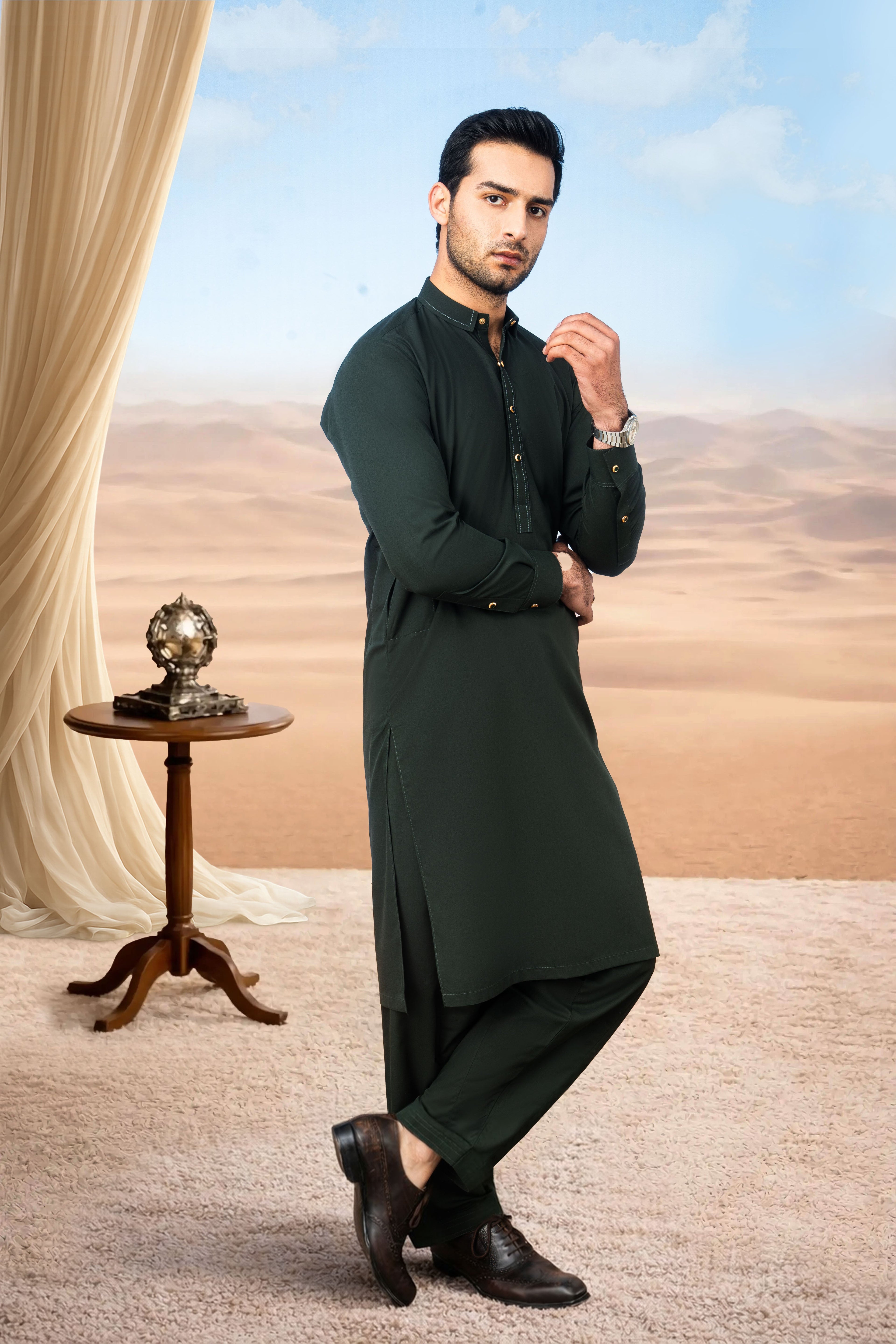 Elegant Short Collar Kameez Shalwar with Subtle Detailing -  Bottle Green