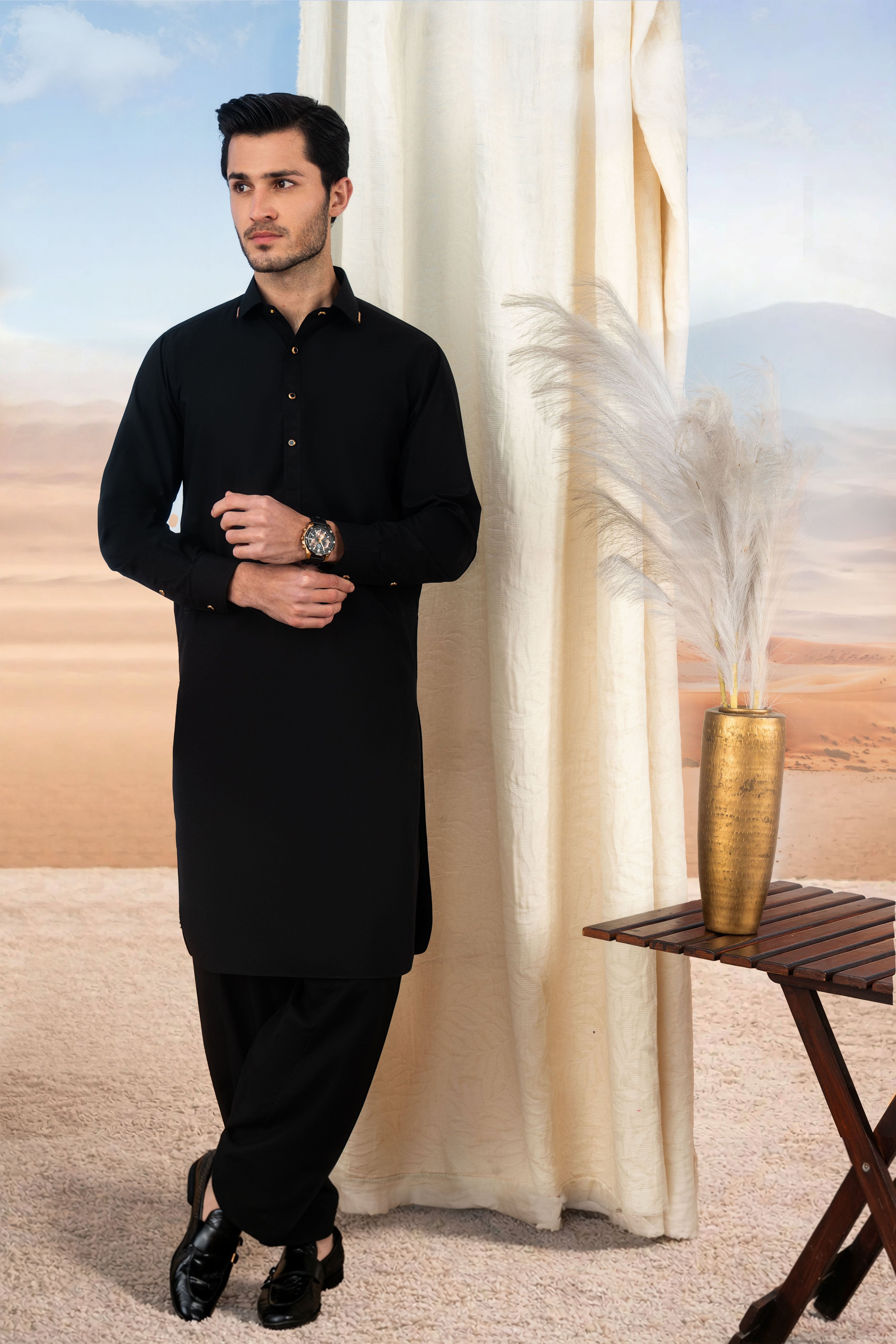 Sophisticated Kameez Shalwar with Gold Button Detailing - Black