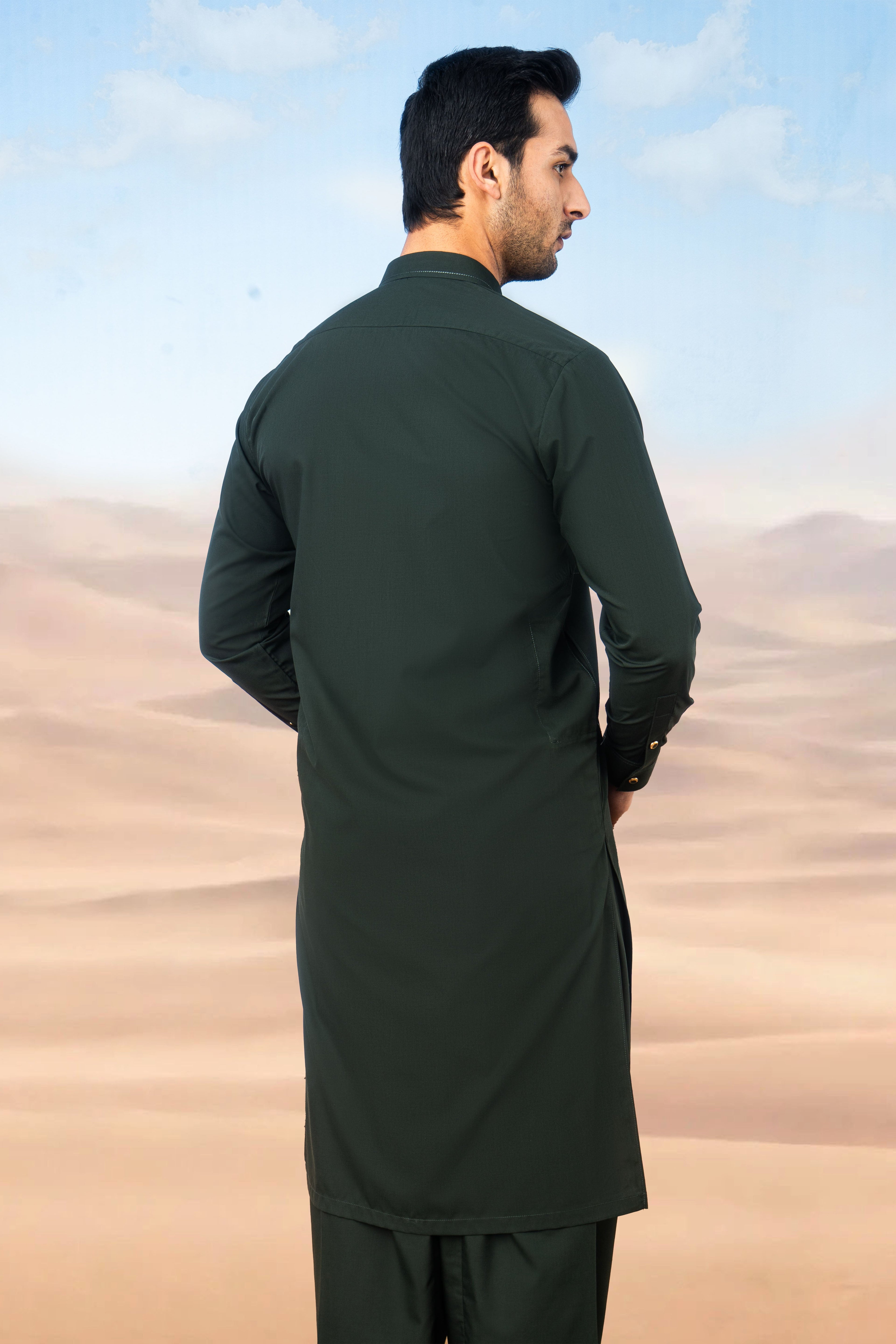 Elegant Short Collar Kameez Shalwar with Subtle Detailing -  Bottle Green
