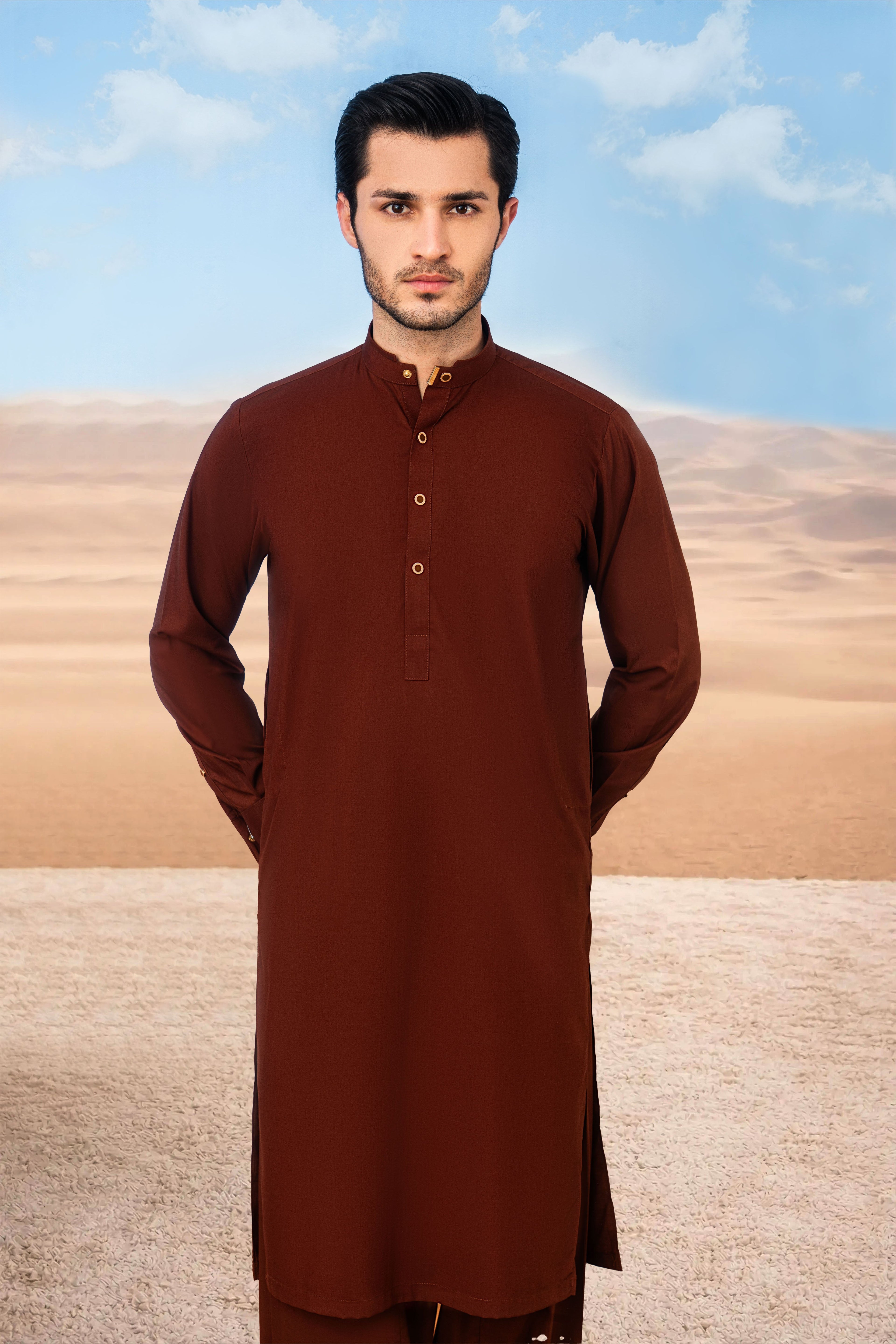 Classic Kurta Shalwar with Button Placket - Rust