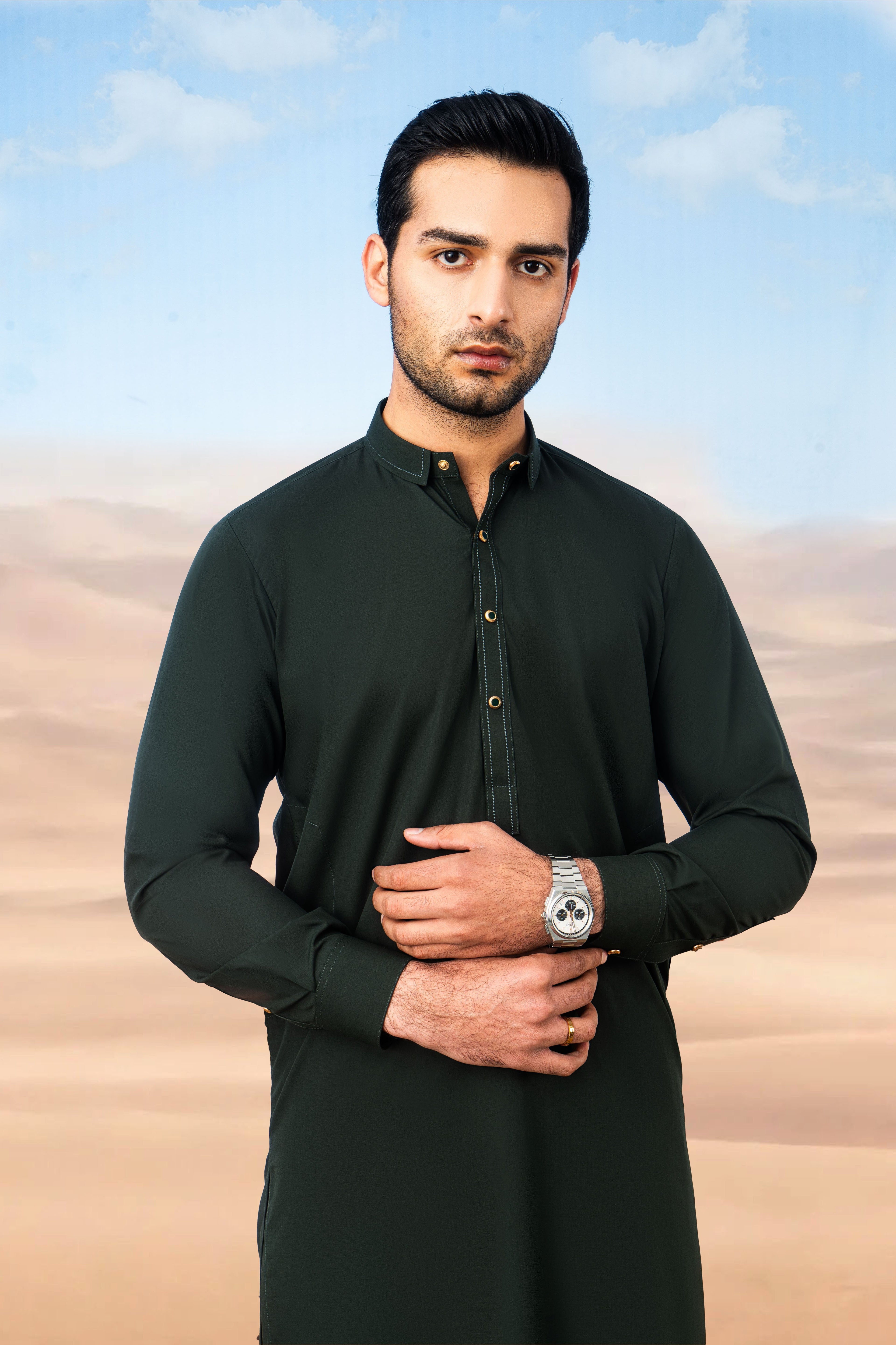 Elegant Short Collar Kameez Shalwar with Subtle Detailing -  Bottle Green