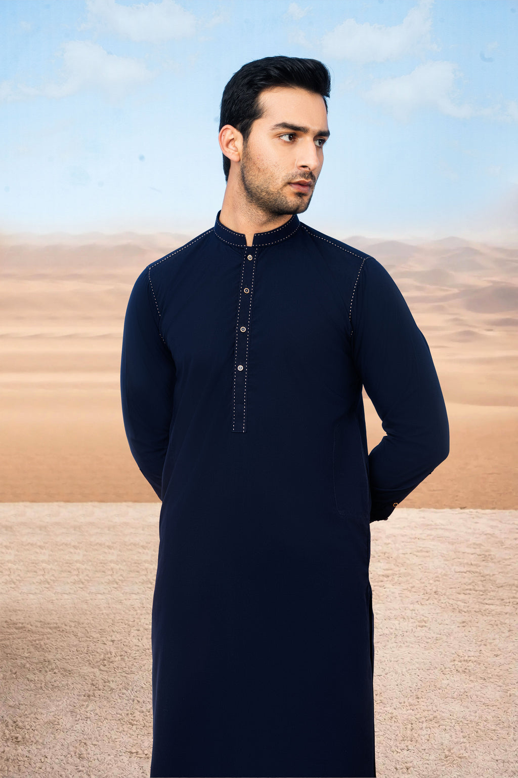 Stylish Kurta Shalwar with Thread Detailing - Navy Blue