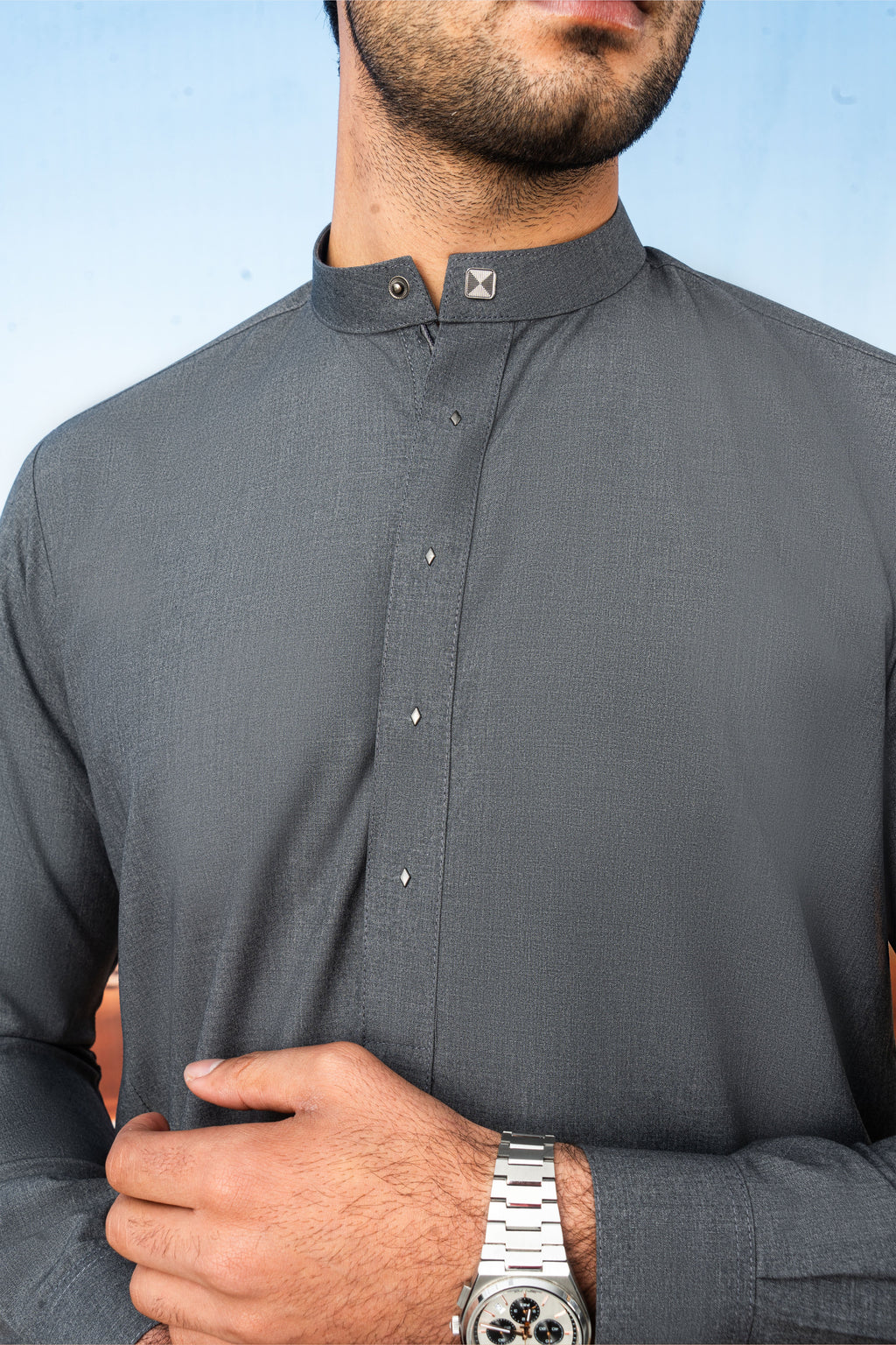 Elegant Wool Kurta Shalwar with Stylish Placket - Grey