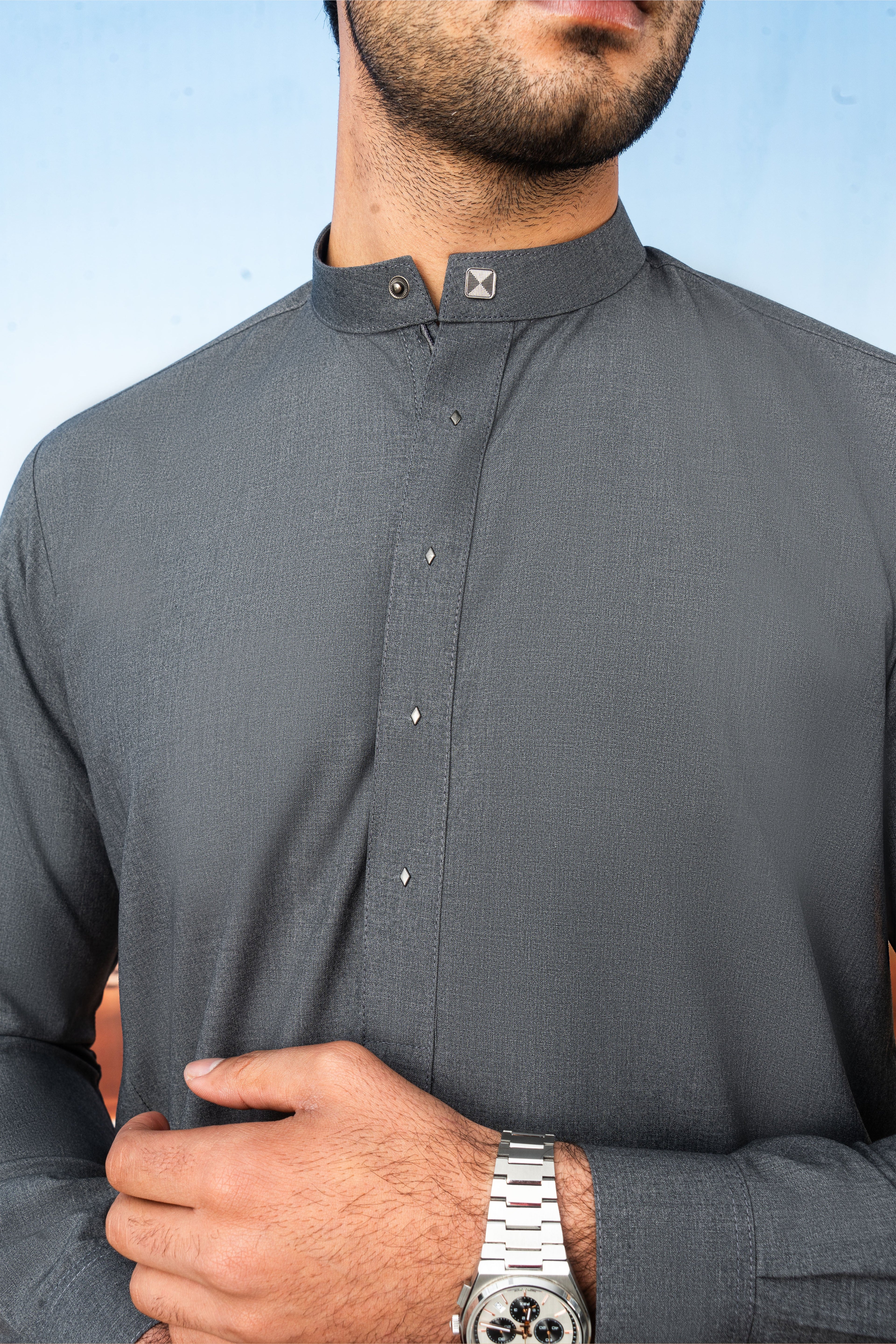 Elegant Wool Kurta Shalwar with Stylish Placket - Grey