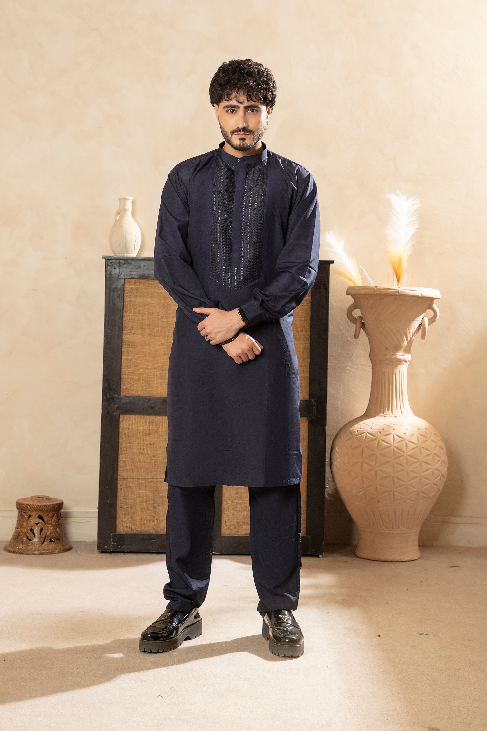 Classic Kurta Trouser with Embroidered Panel - Navy Blue