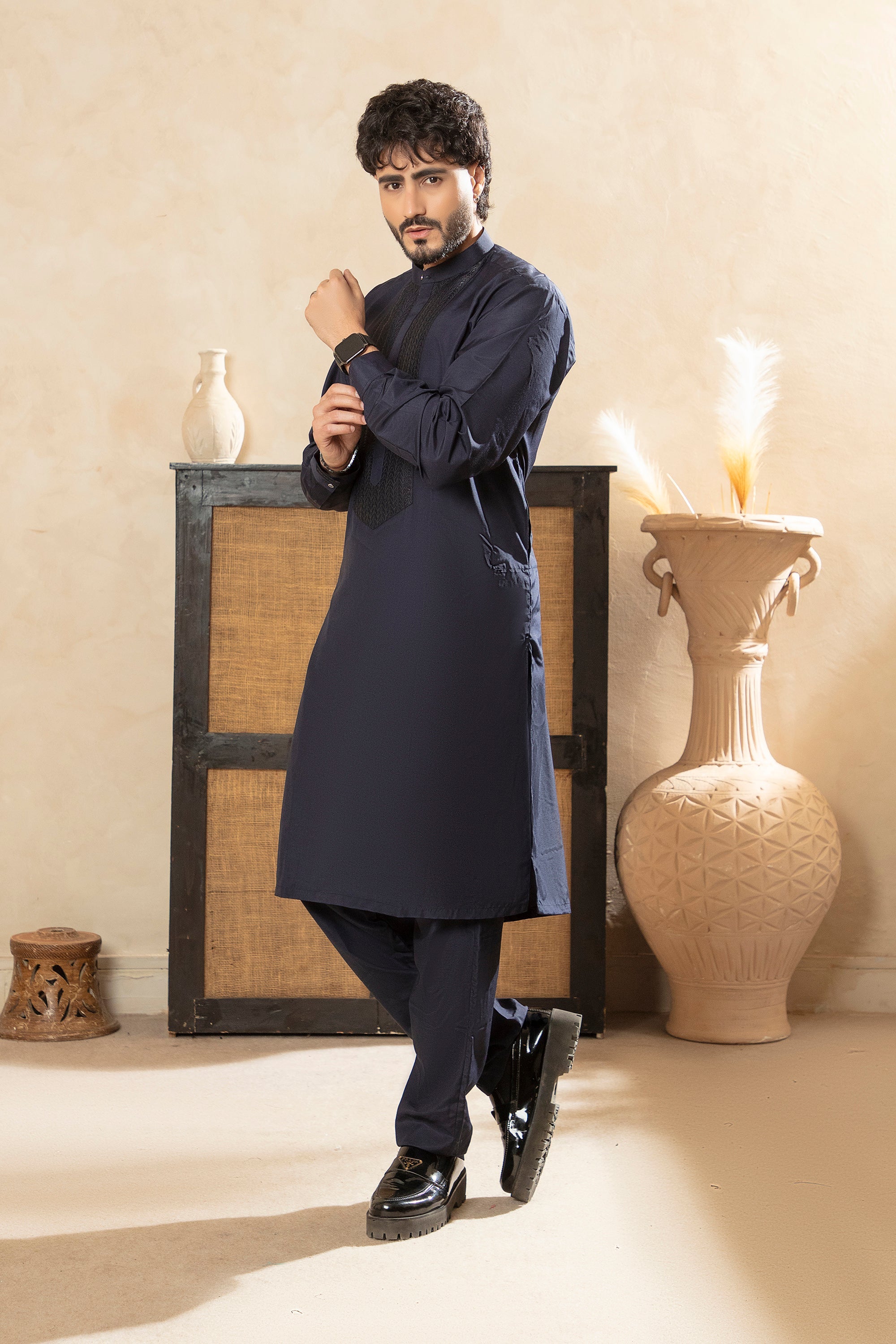Classic Kurta Trouser with Embroidered Panel - Navy Blue
