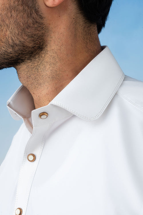 Premium Round Collar Kameez Shalwar with Button Detailing - Off White
