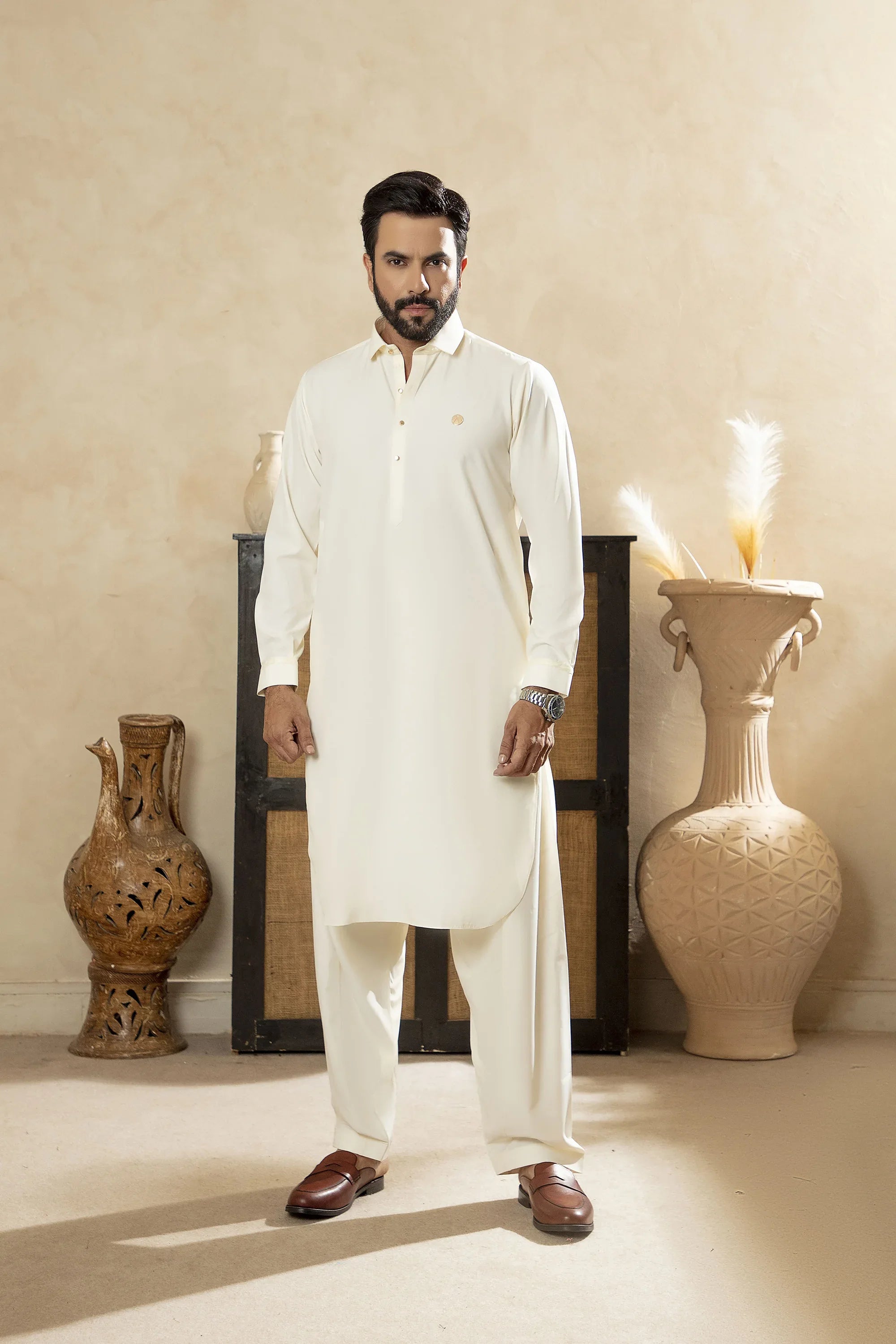 Premium Boski Kameez Shalwar With With Metal Buttons - Cream