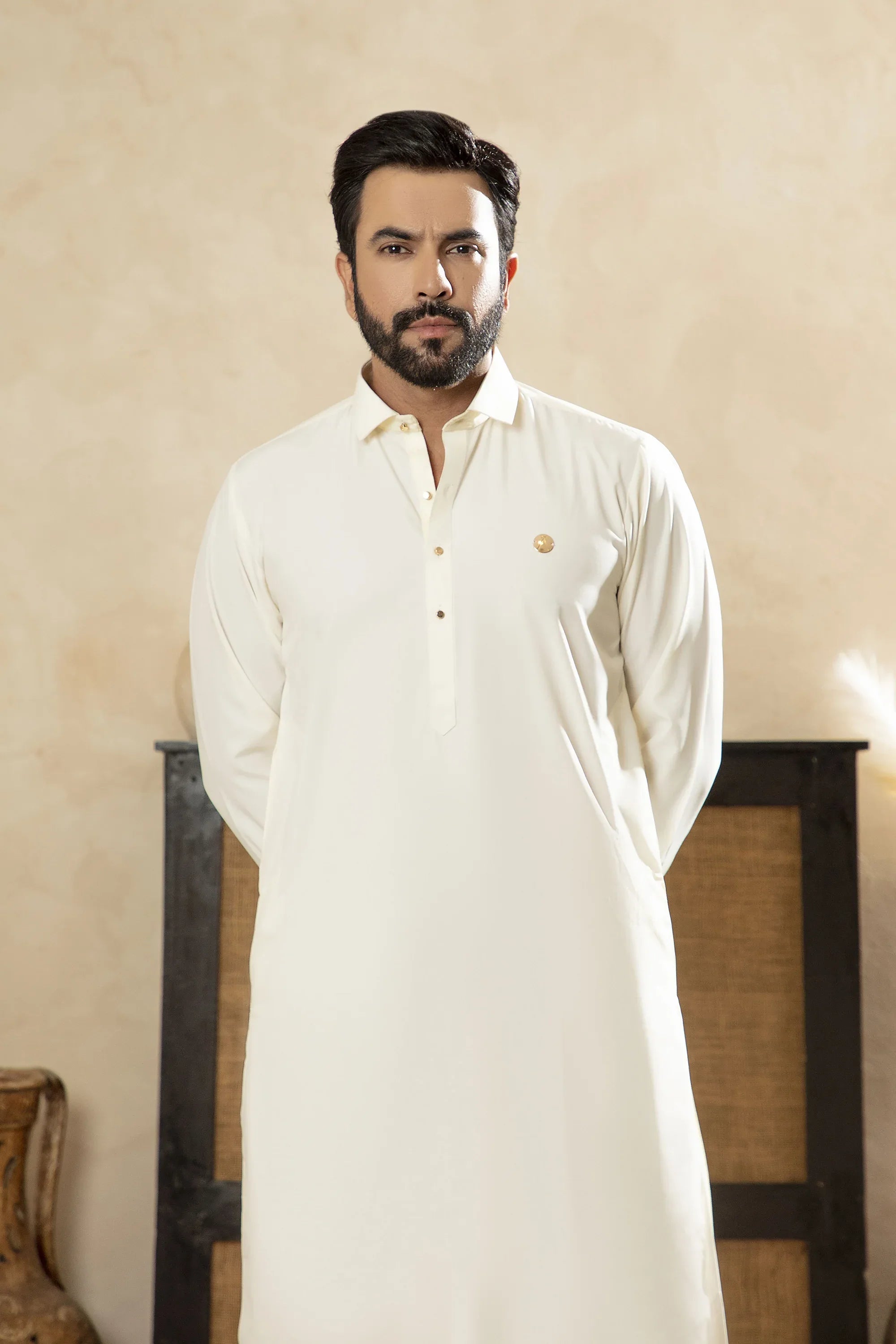 Premium Boski Kameez Shalwar With With Metal Buttons - Cream