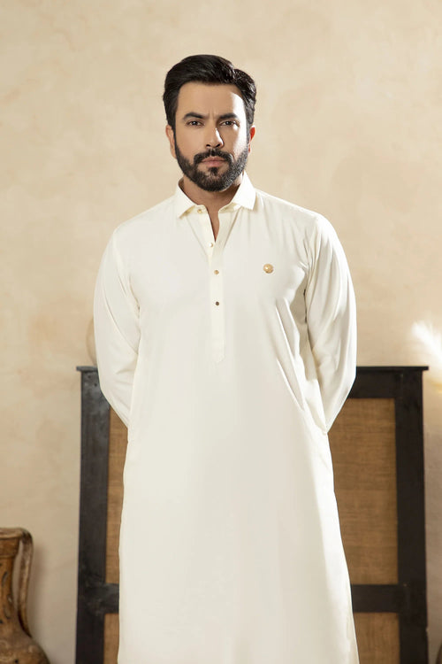 Premium Boski Kameez Shalwar With With Metal Buttons - Cream