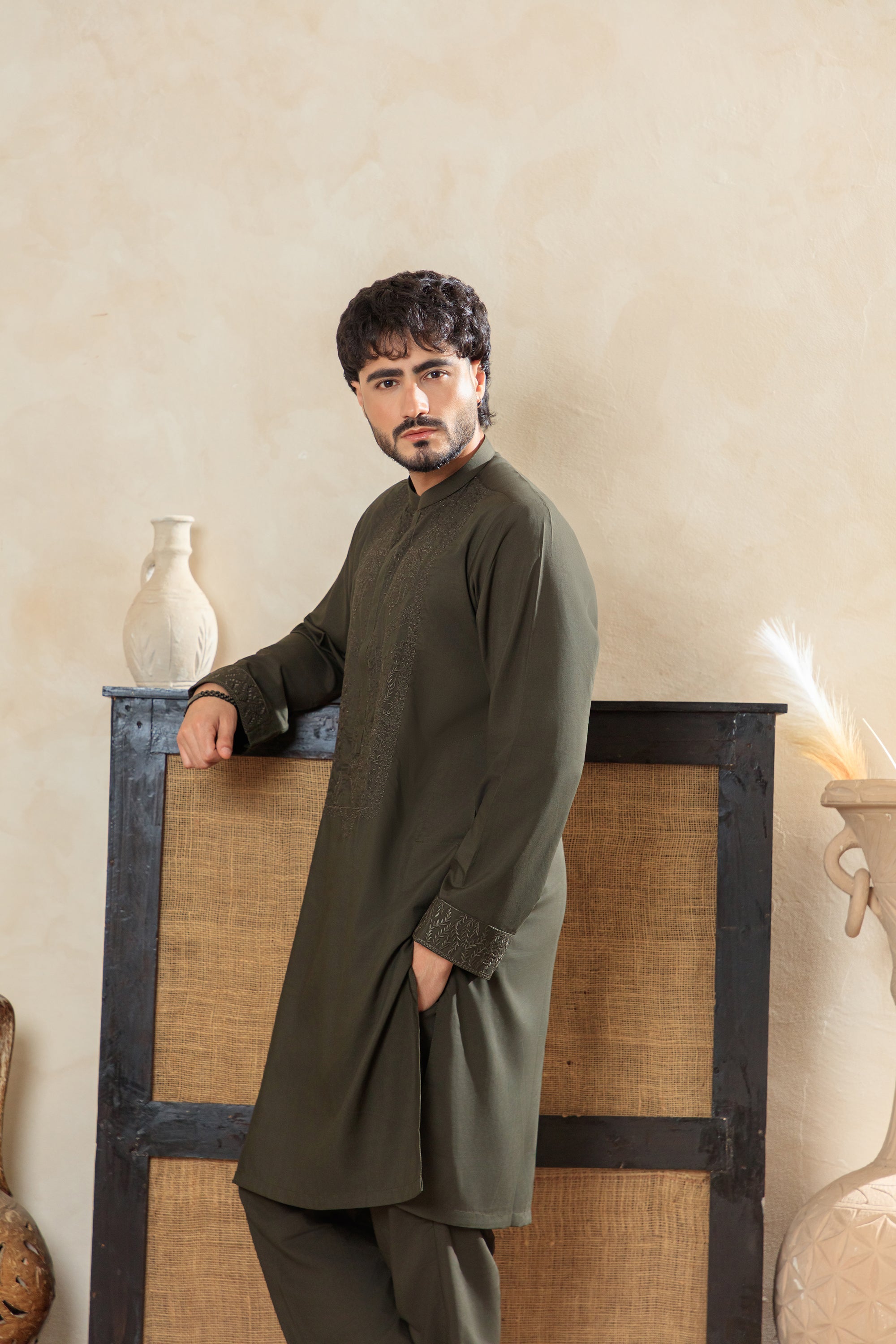 Premium Embroidered Kurta Trouser - Olive Green