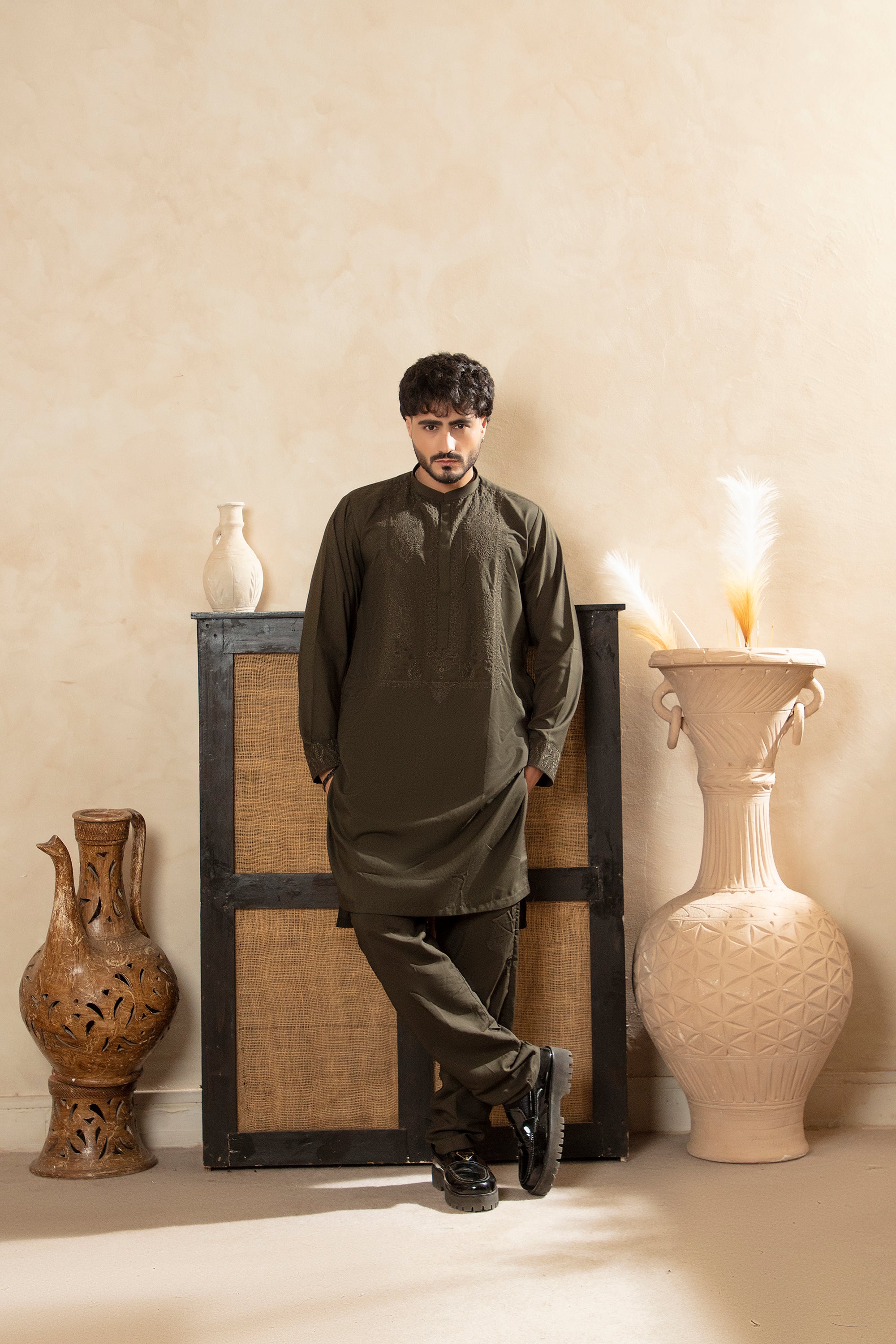 Premium Embroidered Kurta Trouser - Olive Green