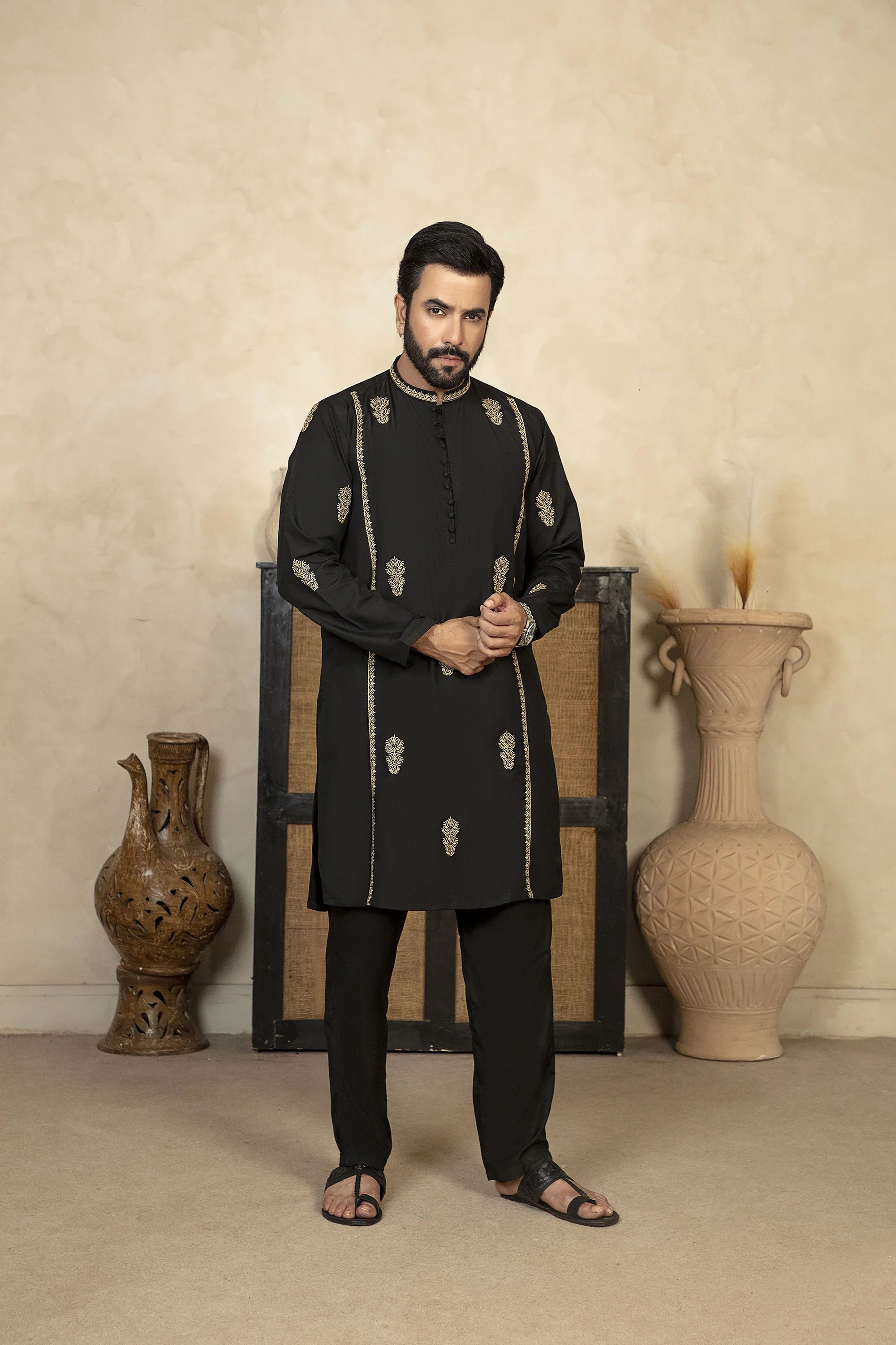 Premium Embroidered Kurta Trouser With Golden Thread Detailing - Black