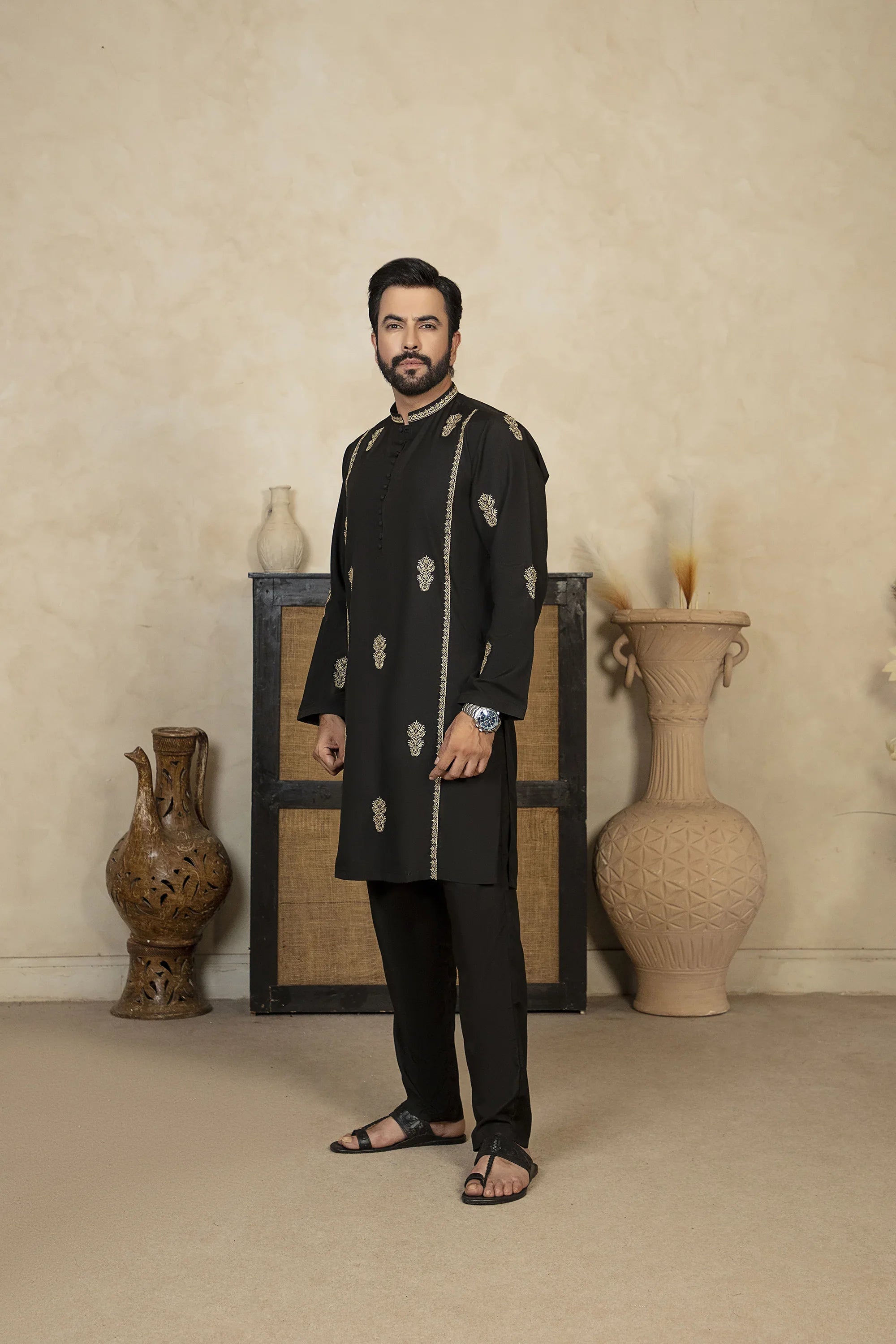 Premium Embroidered Kurta Trouser With Golden Thread Detailing - Black