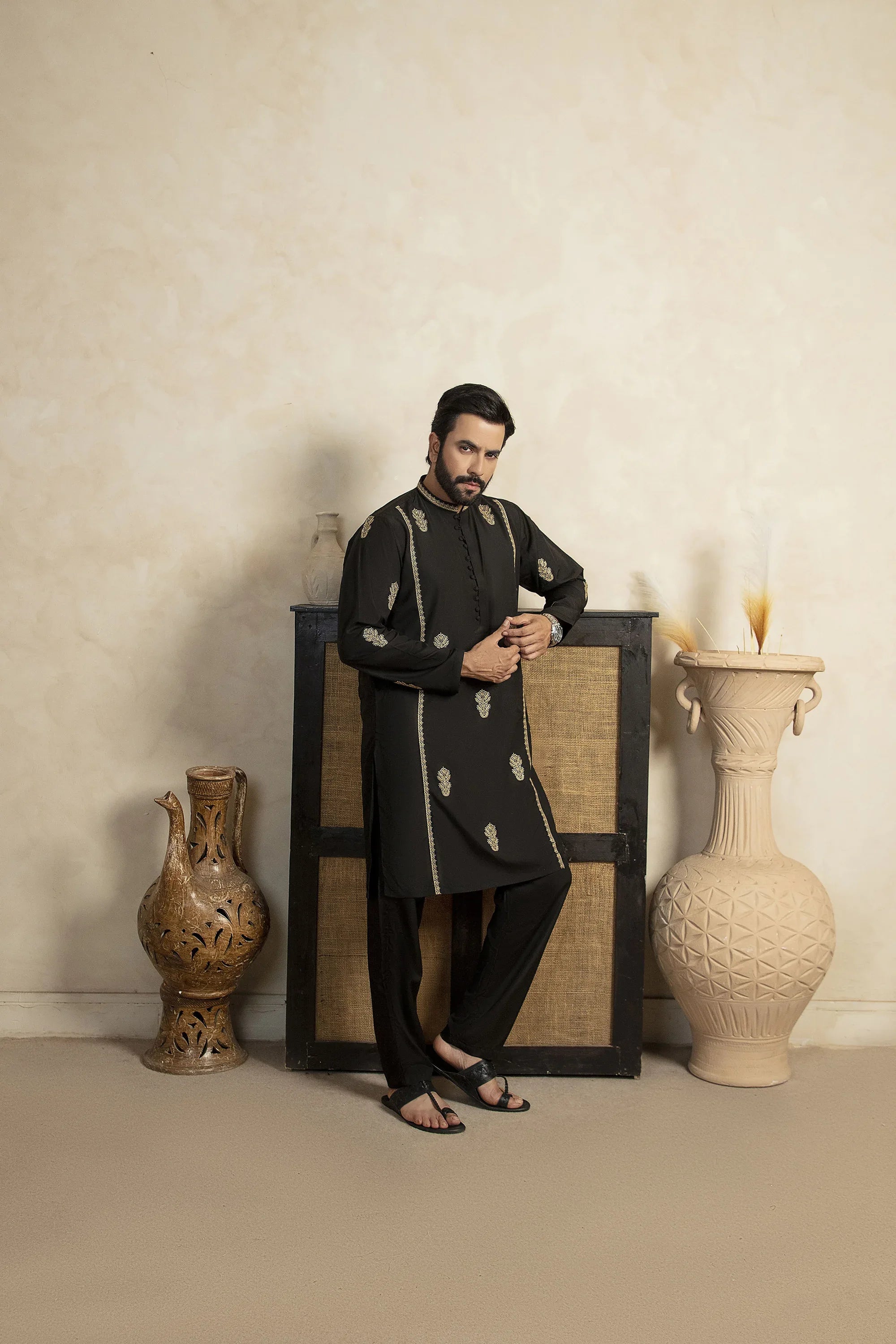 Premium Embroidered Kurta Trouser With Golden Thread Detailing - Black