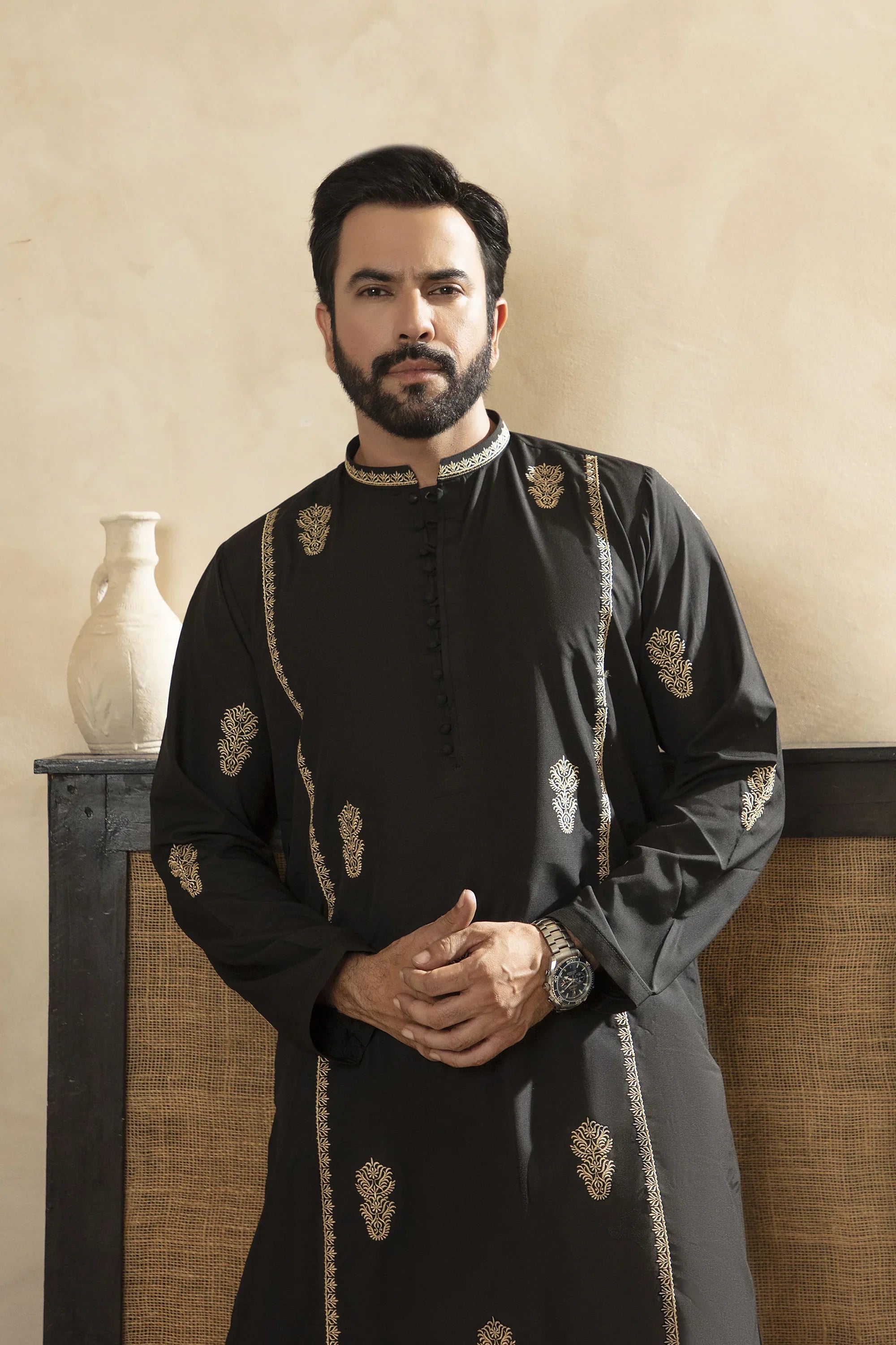 Premium Embroidered Kurta Trouser With Golden Thread Detailing - Black