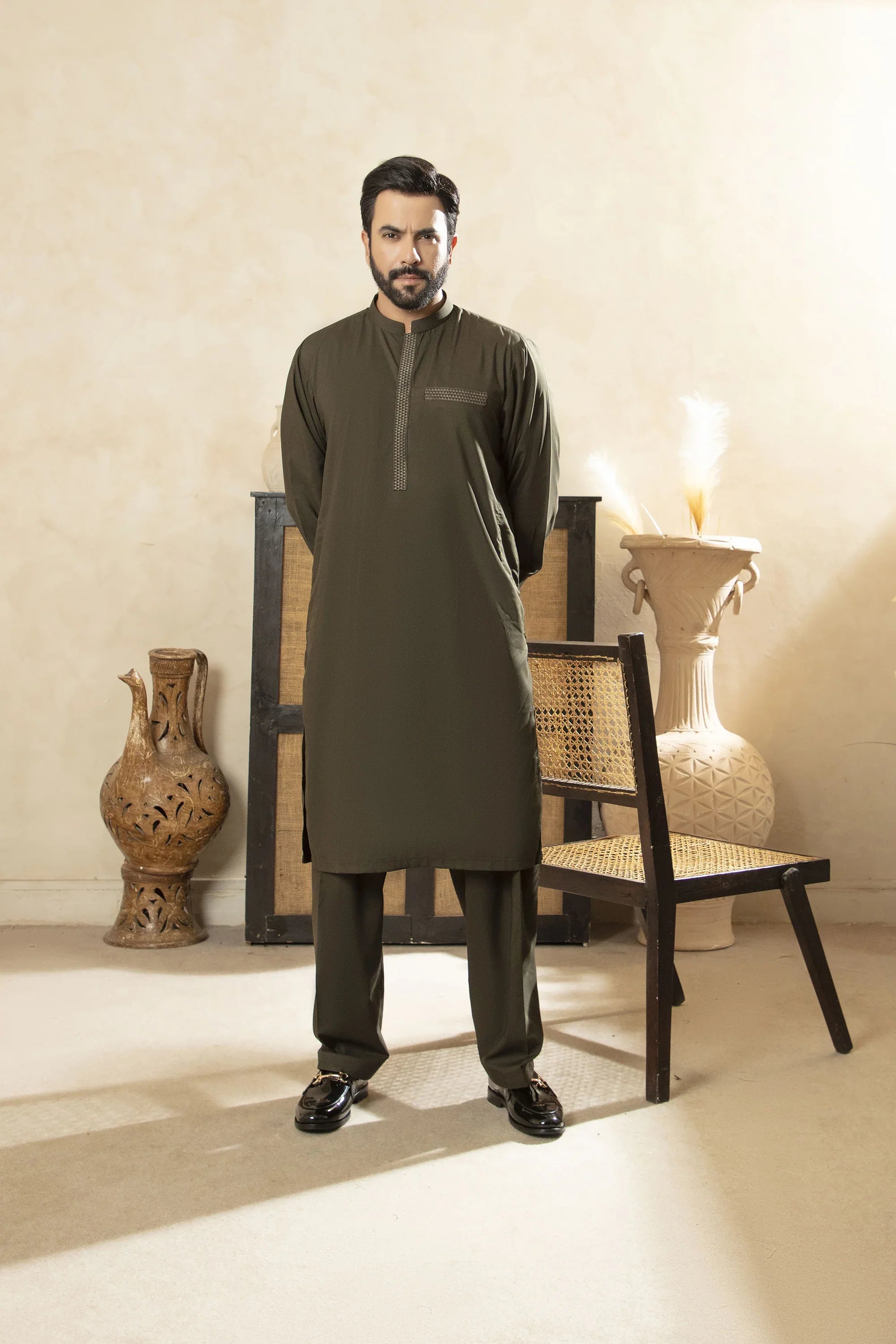Premium Kameez Shalwar With Embroidered Placket & Pocket - Olive Green