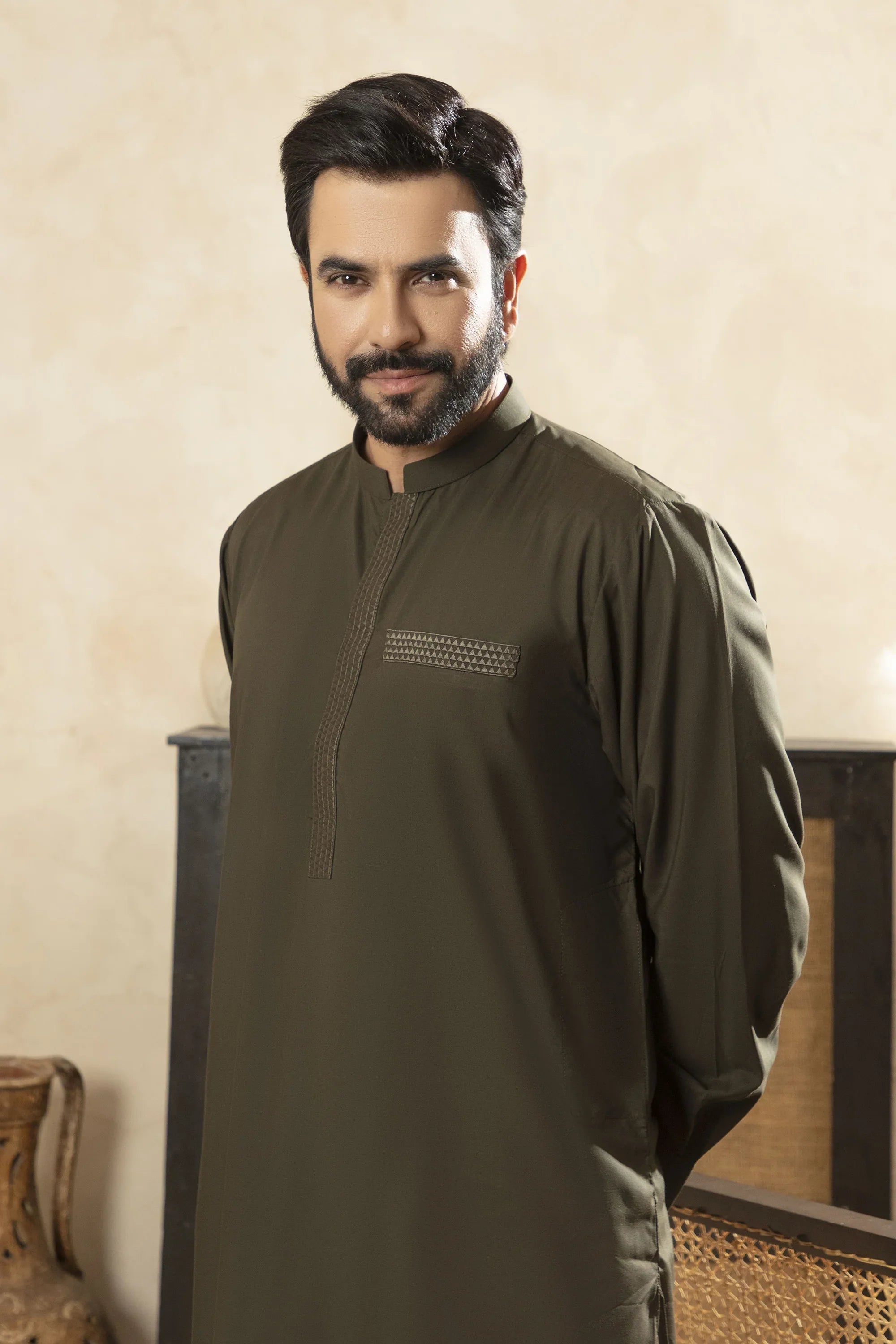 Premium Kameez Shalwar With Embroidered Placket & Pocket - Olive Green
