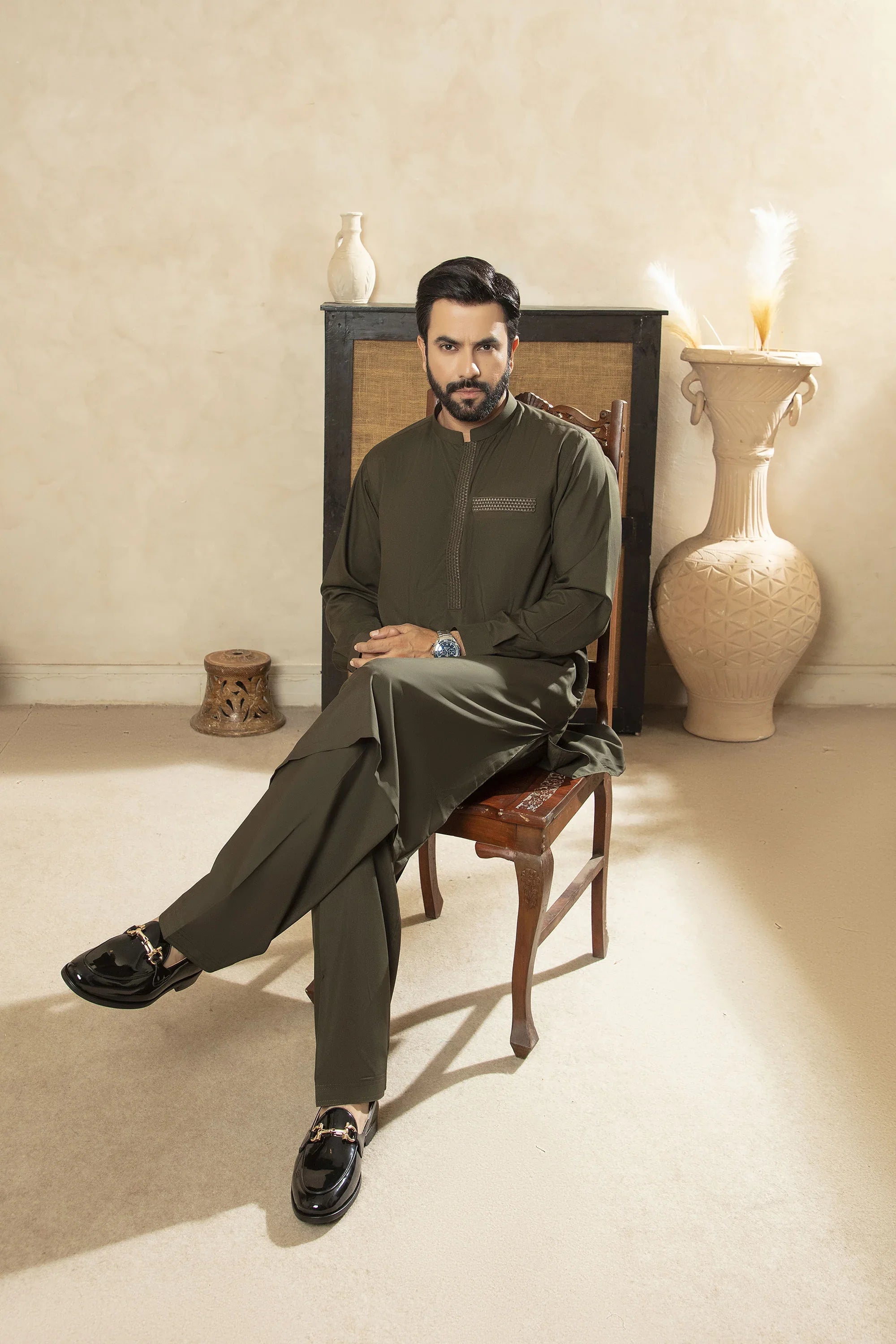 Premium Kameez Shalwar With Embroidered Placket & Pocket - Olive Green