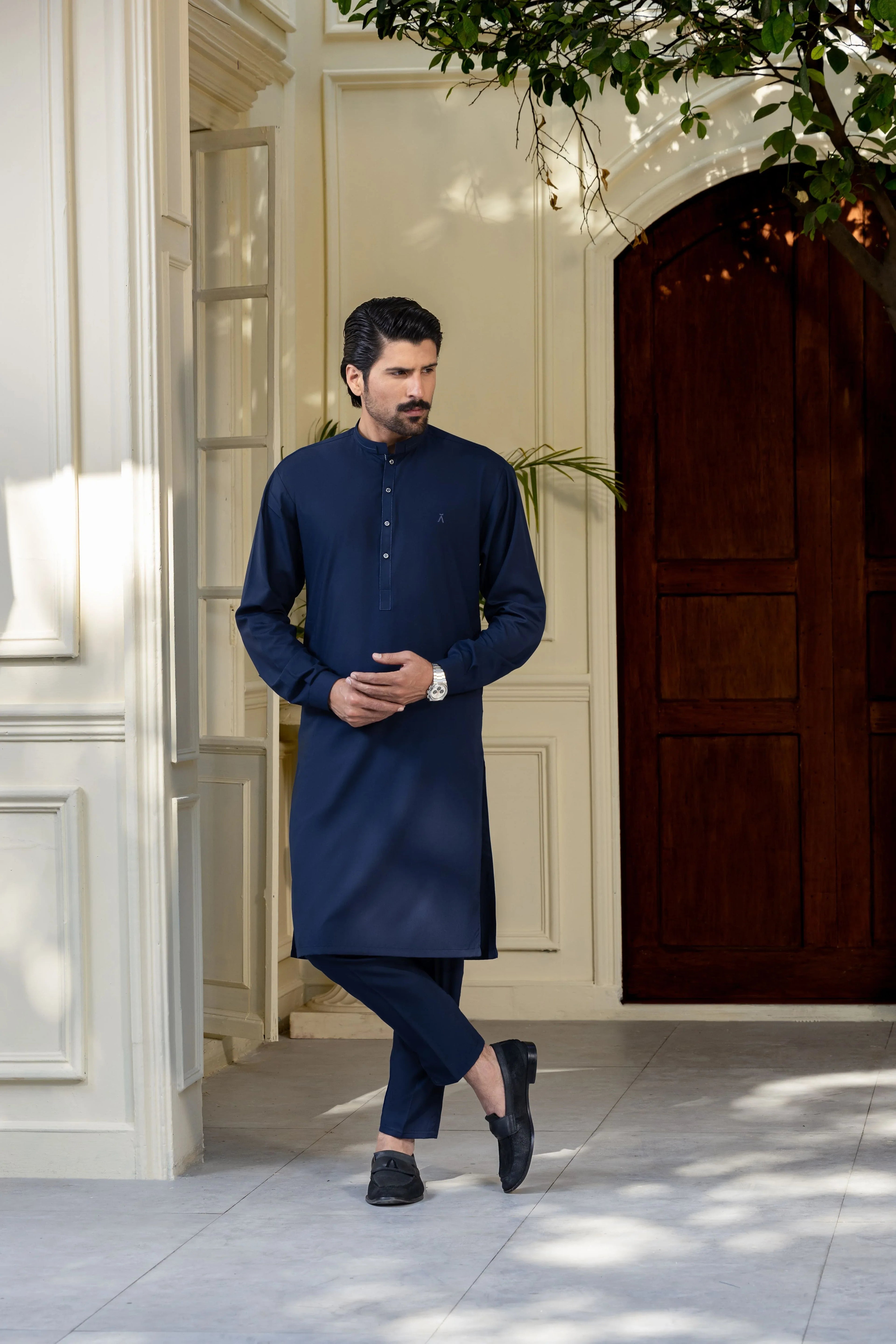 Stitched Ban Collar Kurta Trouser With Golden Logo Buttons for Men - Dark Blue