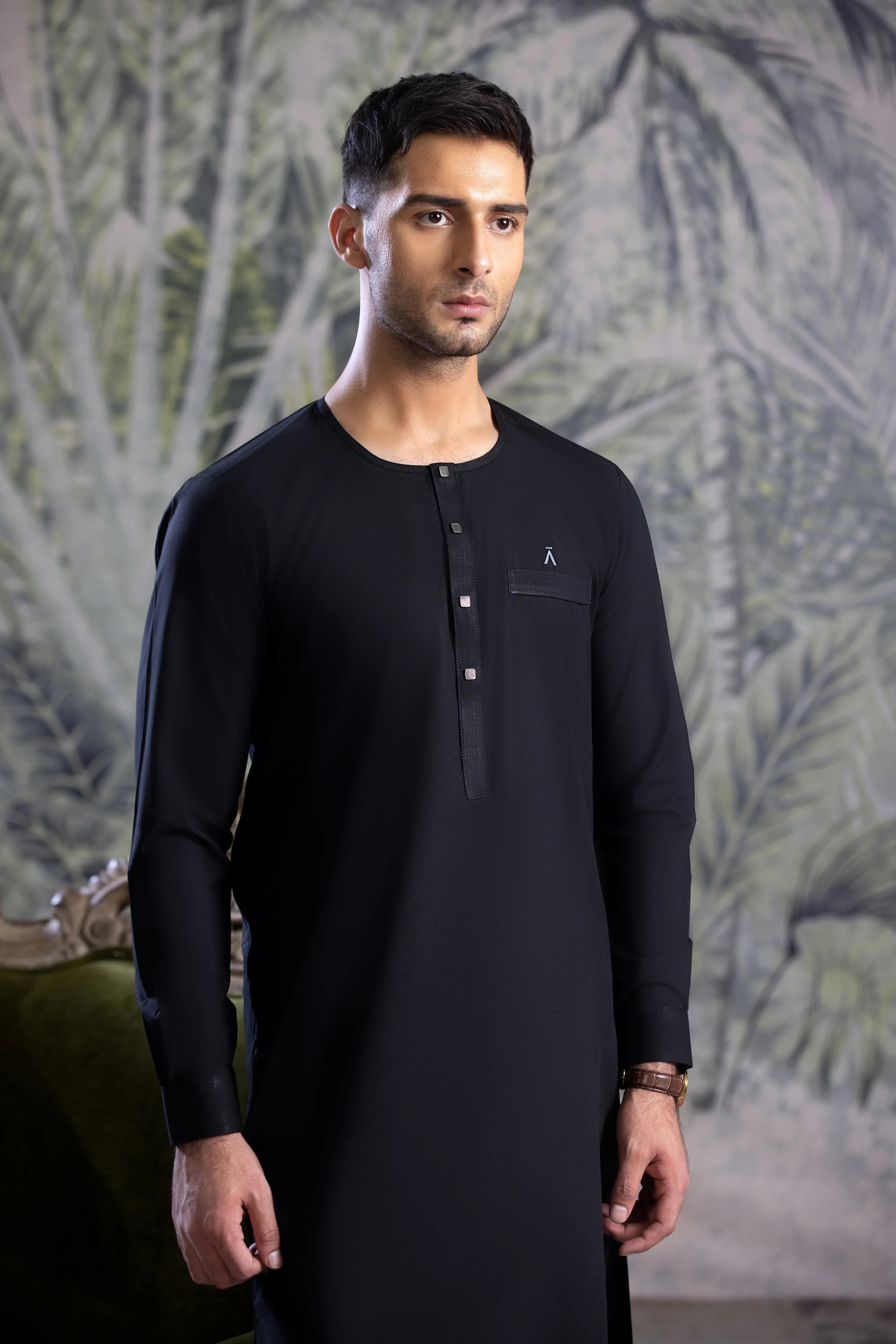 Stitched Ban Less Short Kurta Trouser With Contrast Metal Square Buttons for Men - Black