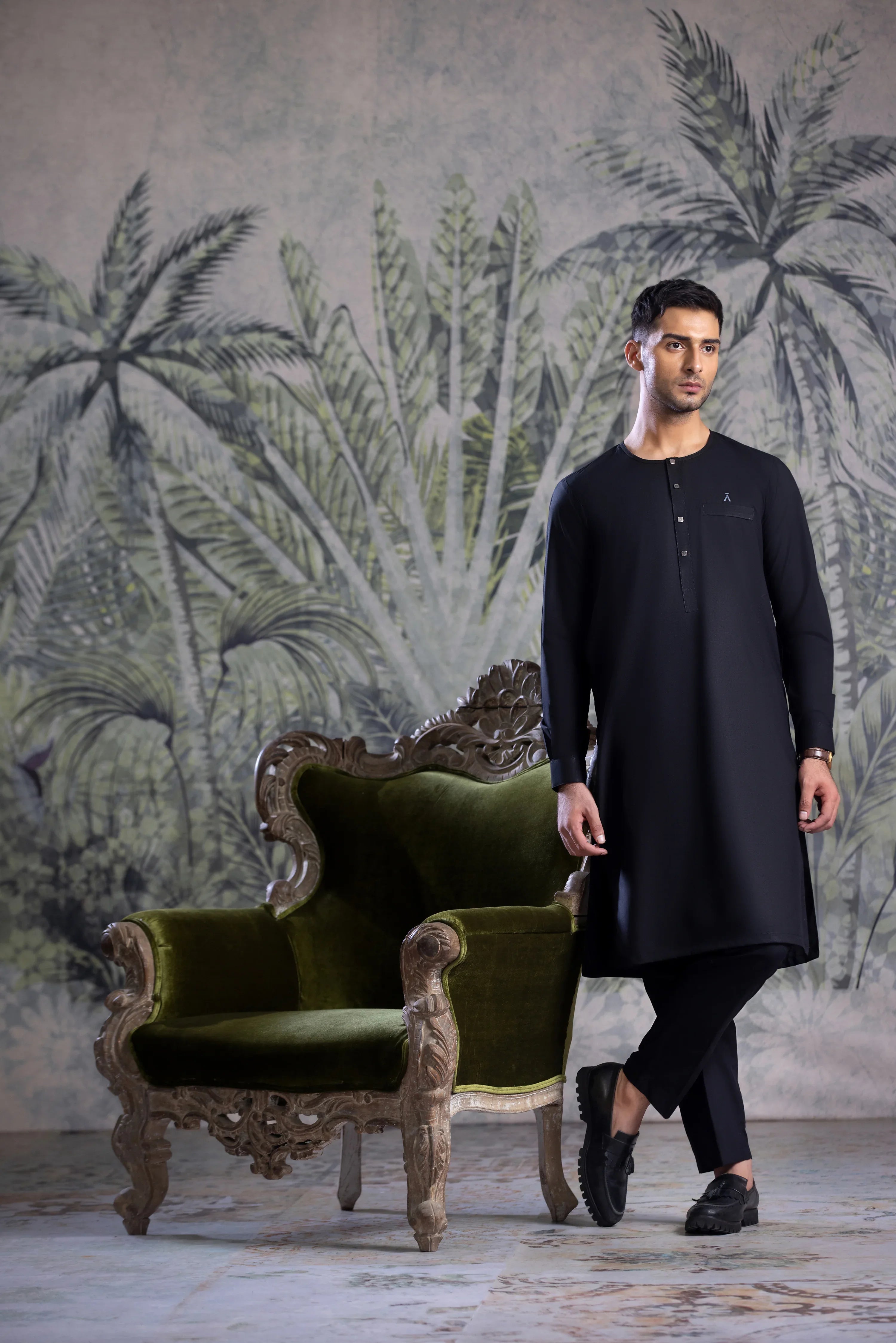 Stitched Ban Less Short Kurta Trouser With Contrast Metal Square Buttons for Men - Black