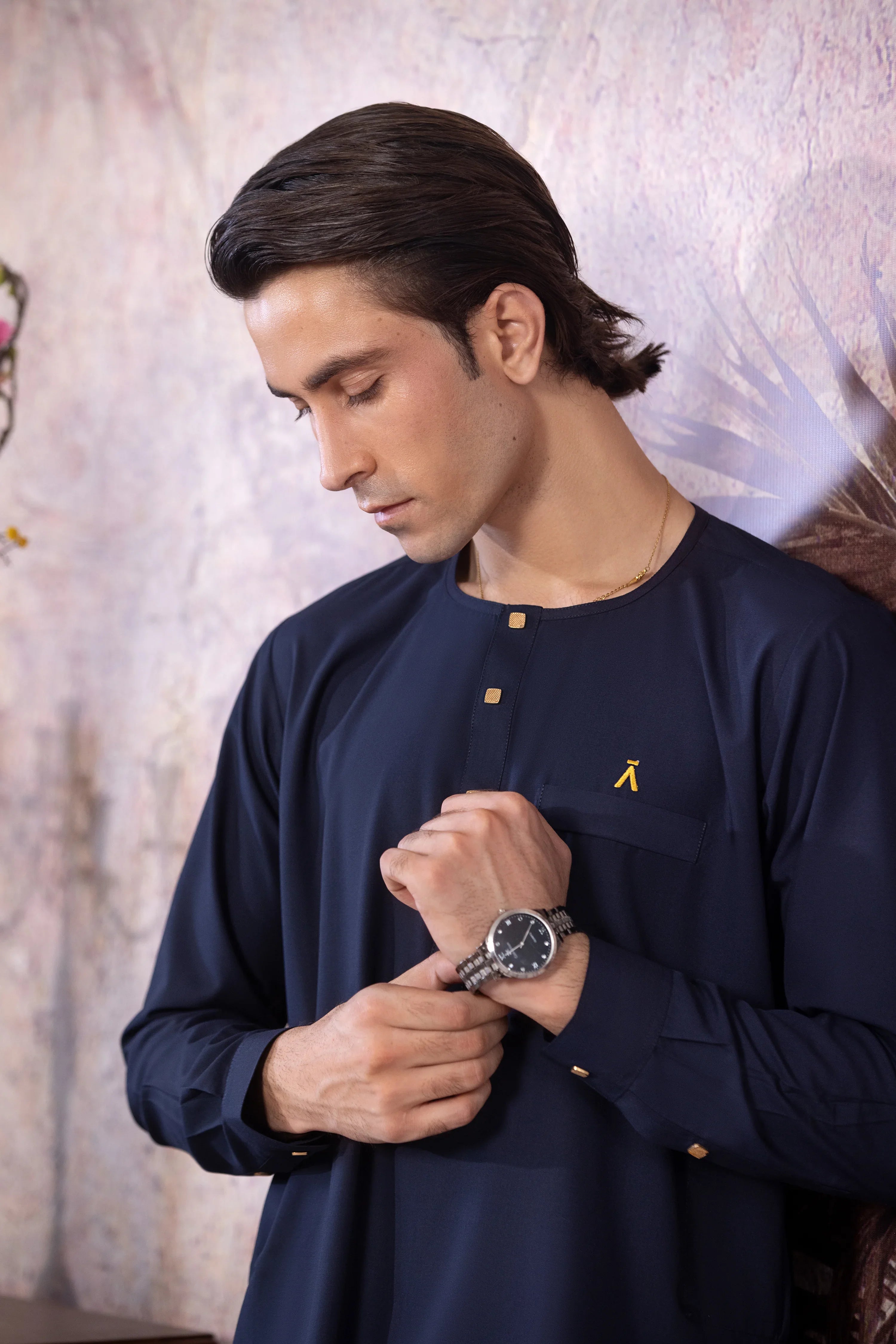 Stitched Ban Less Short Kurta With Matching Trouser & Golden Buttons for Men - Navy Blue