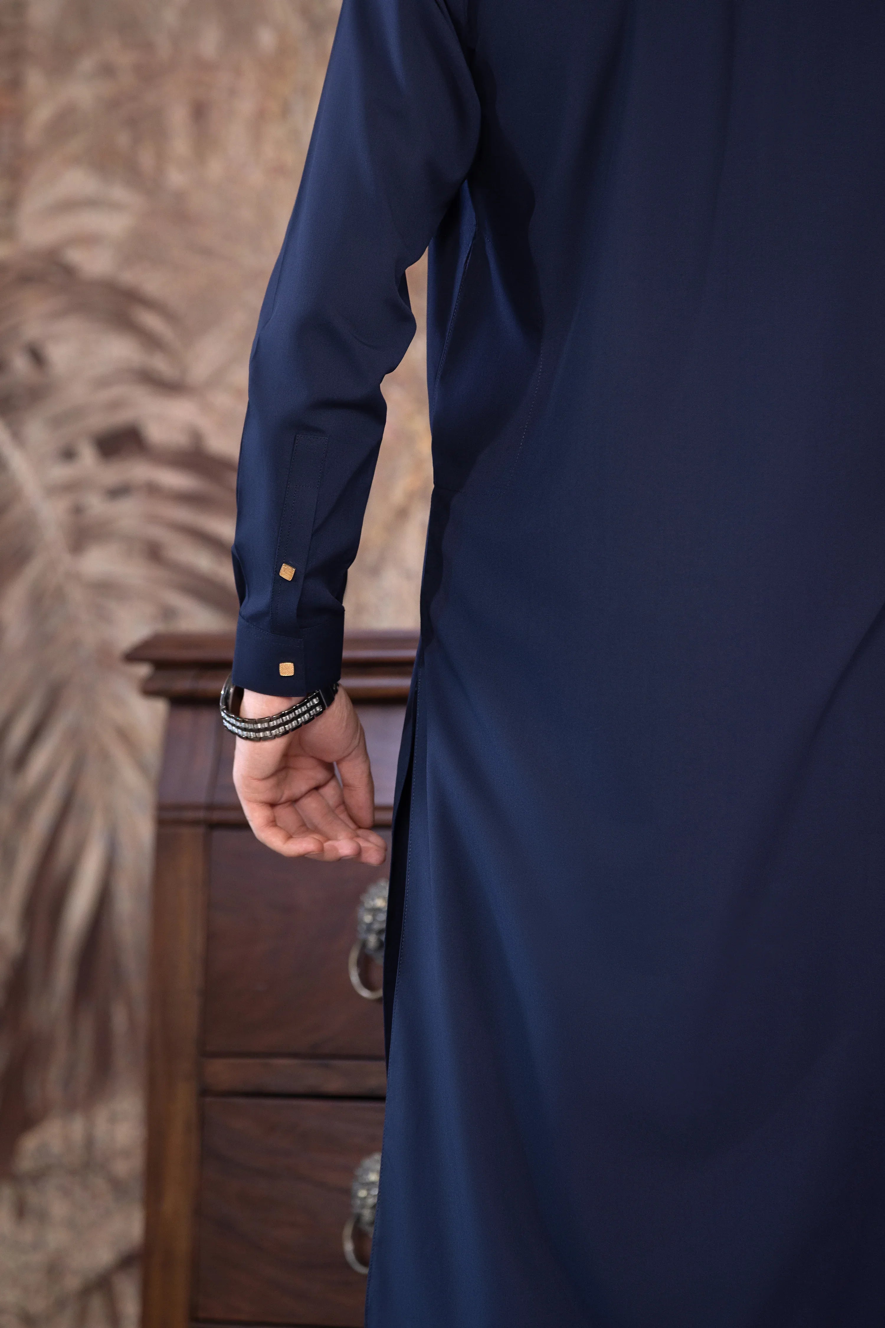 Stitched Ban Less Short Kurta With Matching Trouser & Golden Buttons for Men - Navy Blue