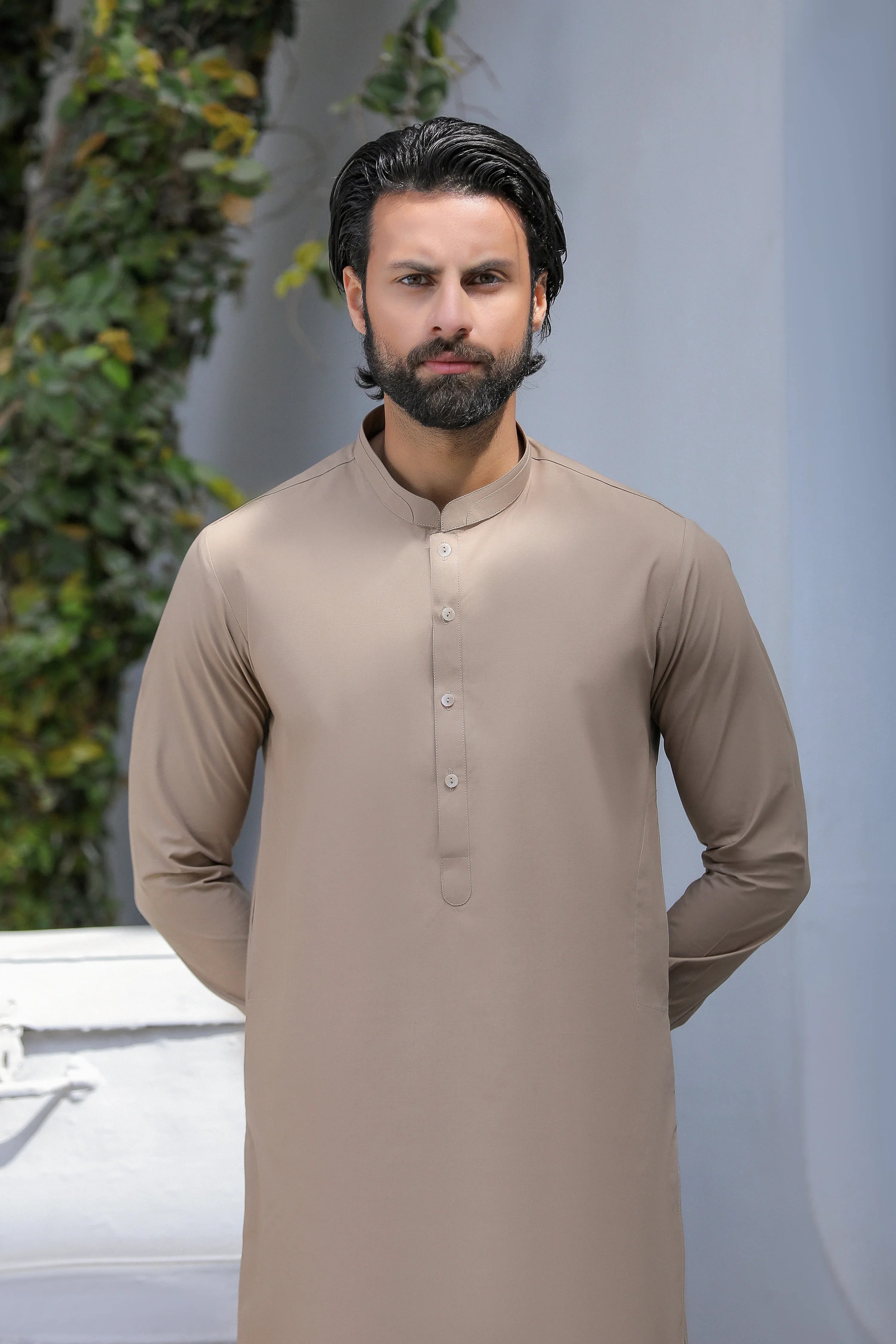 Stitched Blended Kurta With Matching Trouser for Men - Light Brown