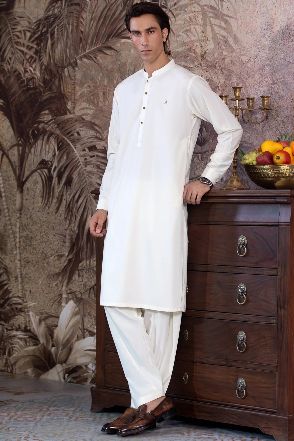 UnStitched Boski Kurta Shalwar With Contrast Logo & Metal Buttons for Men - Cream