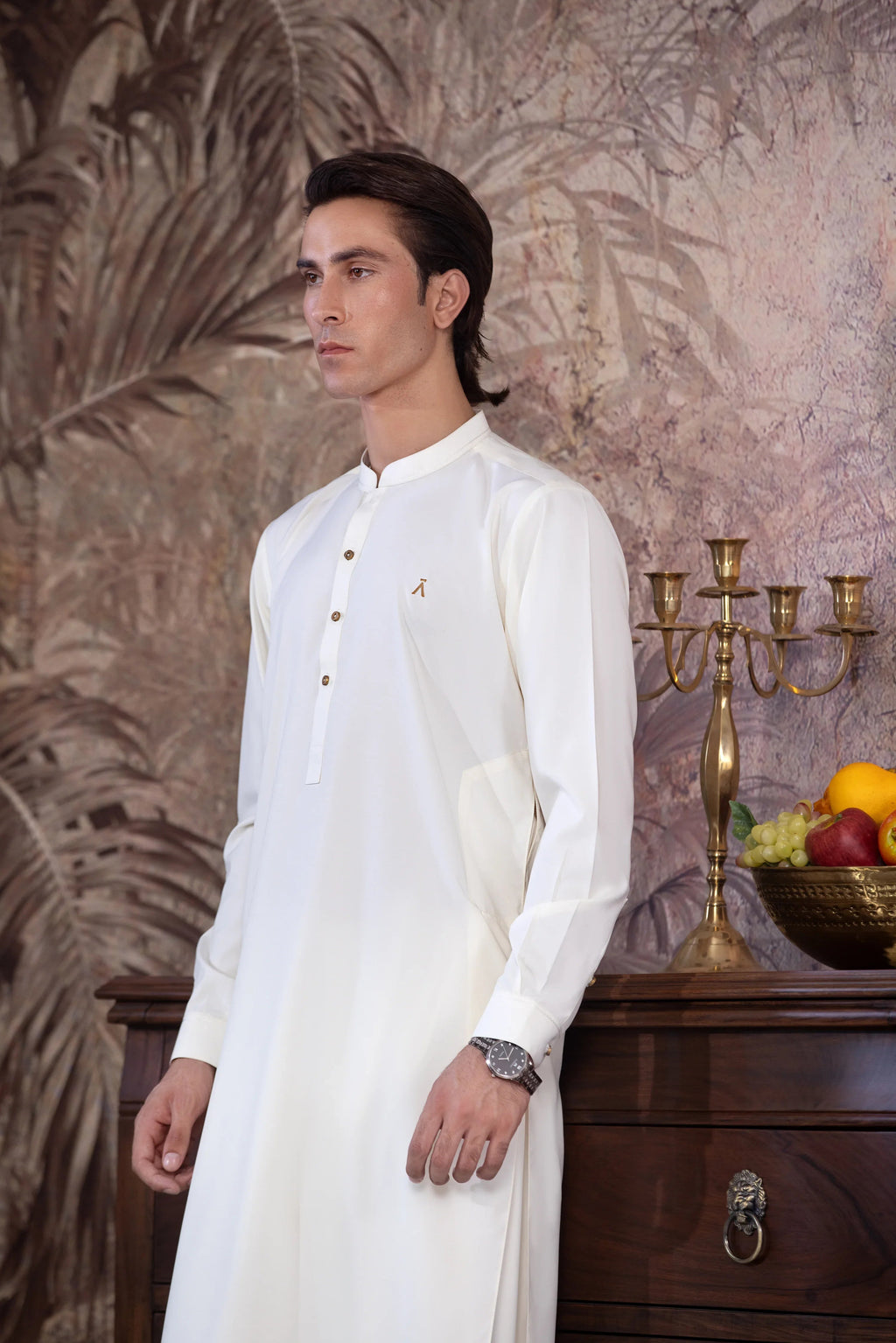 UnStitched Boski Kurta Shalwar With Contrast Logo & Metal Buttons for Men - Cream