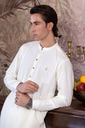 UnStitched Boski Kurta Shalwar With Contrast Logo & Metal Buttons for Men - Cream