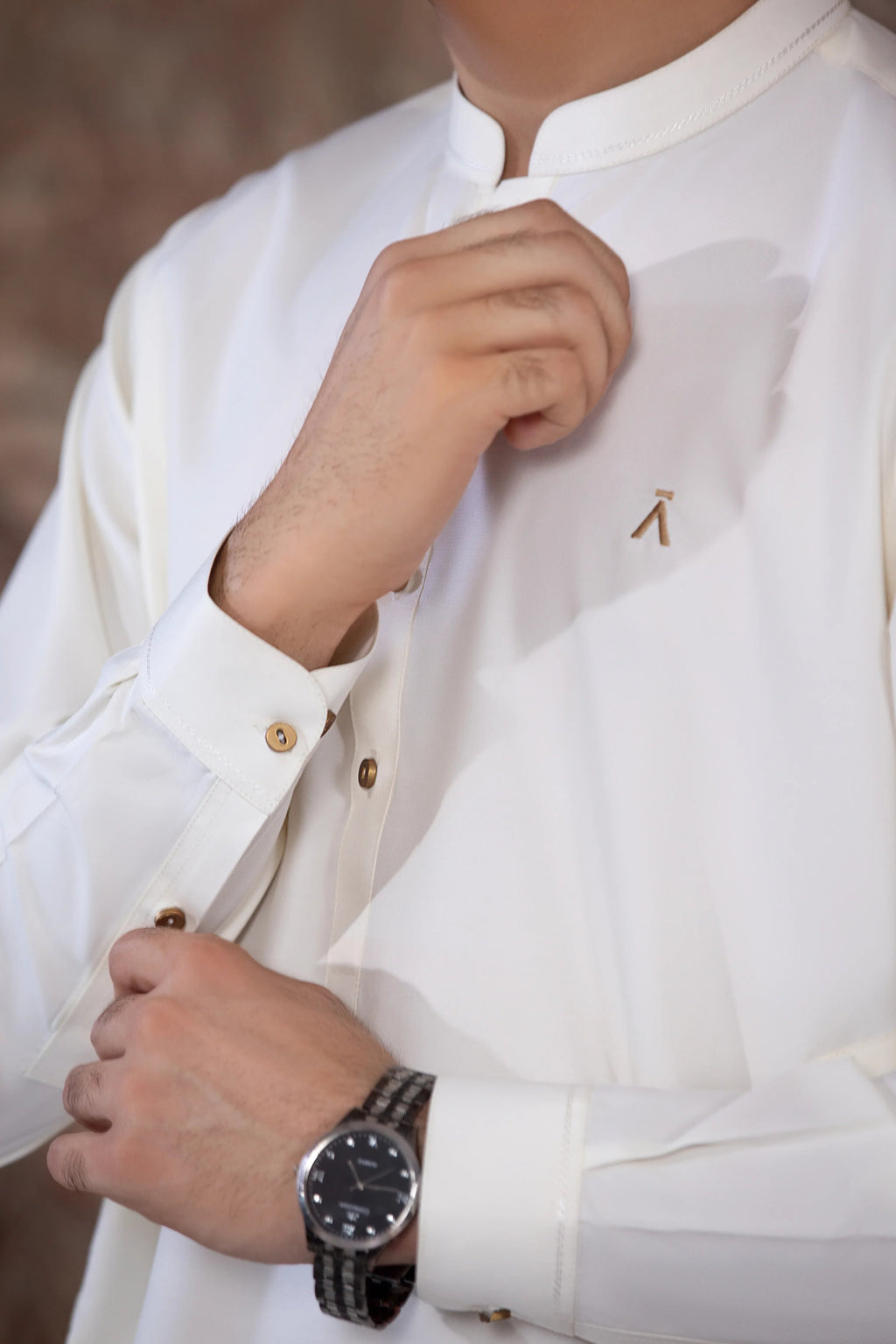 UnStitched Boski Kurta Shalwar With Contrast Logo & Metal Buttons for Men - Cream