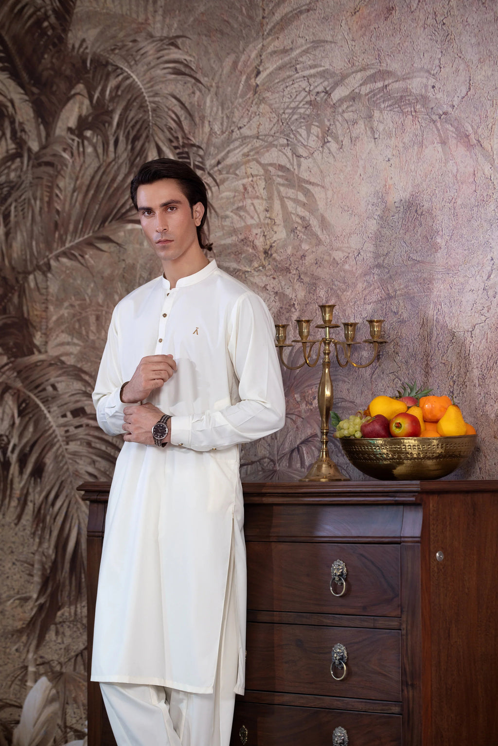 UnStitched Boski Kurta Shalwar With Contrast Logo & Metal Buttons for Men - Cream