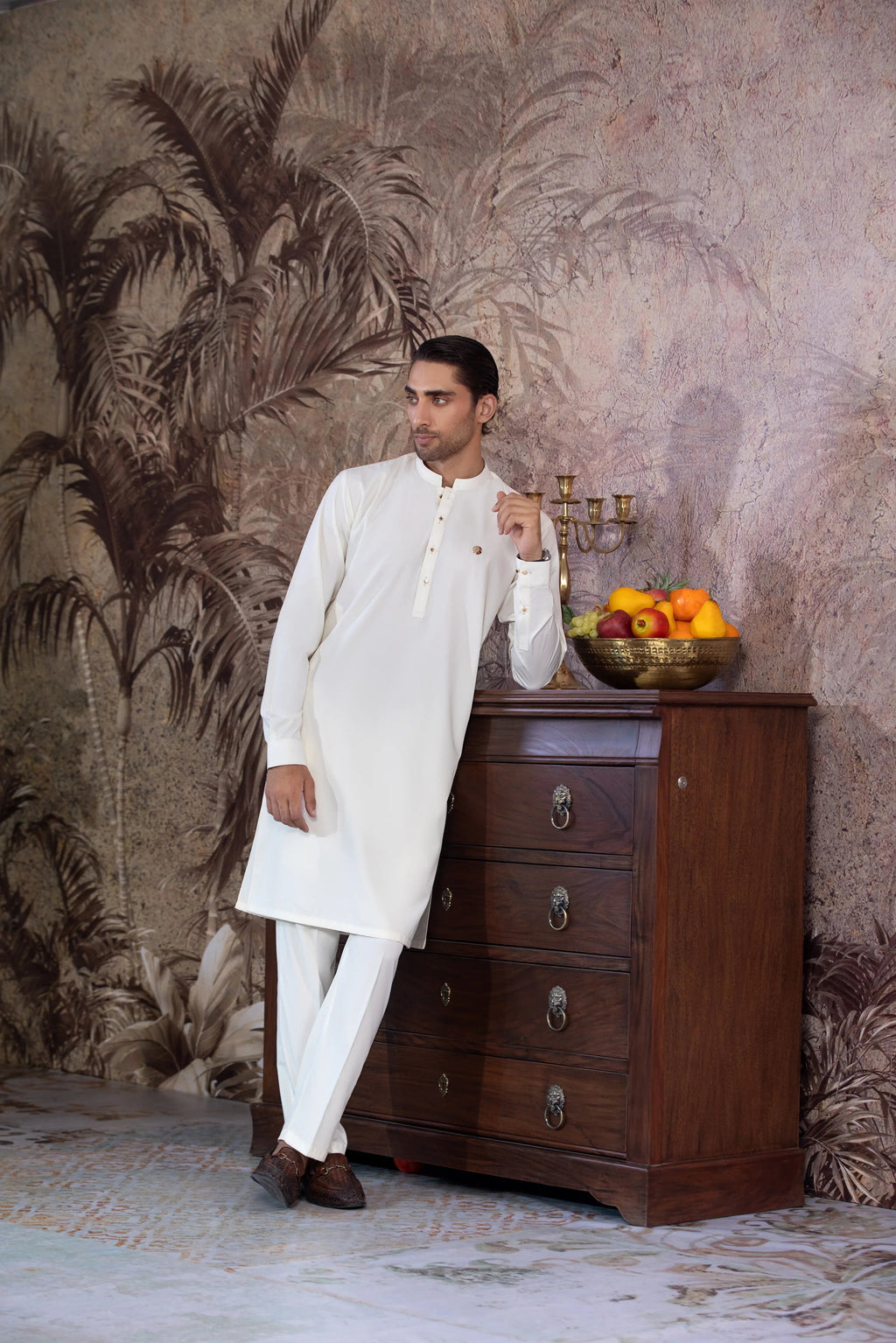 UnStitched Boski Premium Kurta Trouser With Golden Metal Buttons for Men - Cream