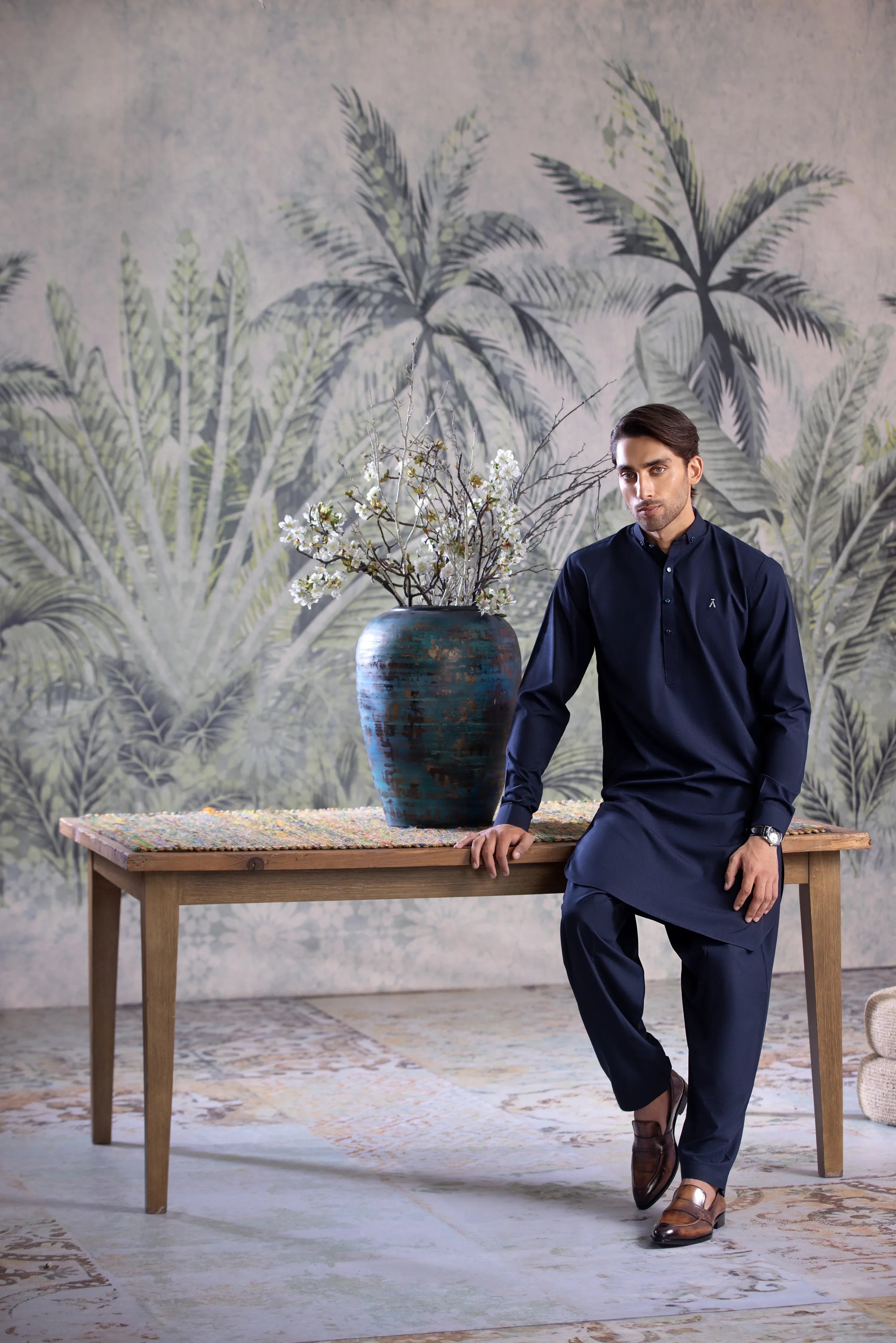 Stitched Button Down Collar Shalwar Kameez for Men - Navy Blue