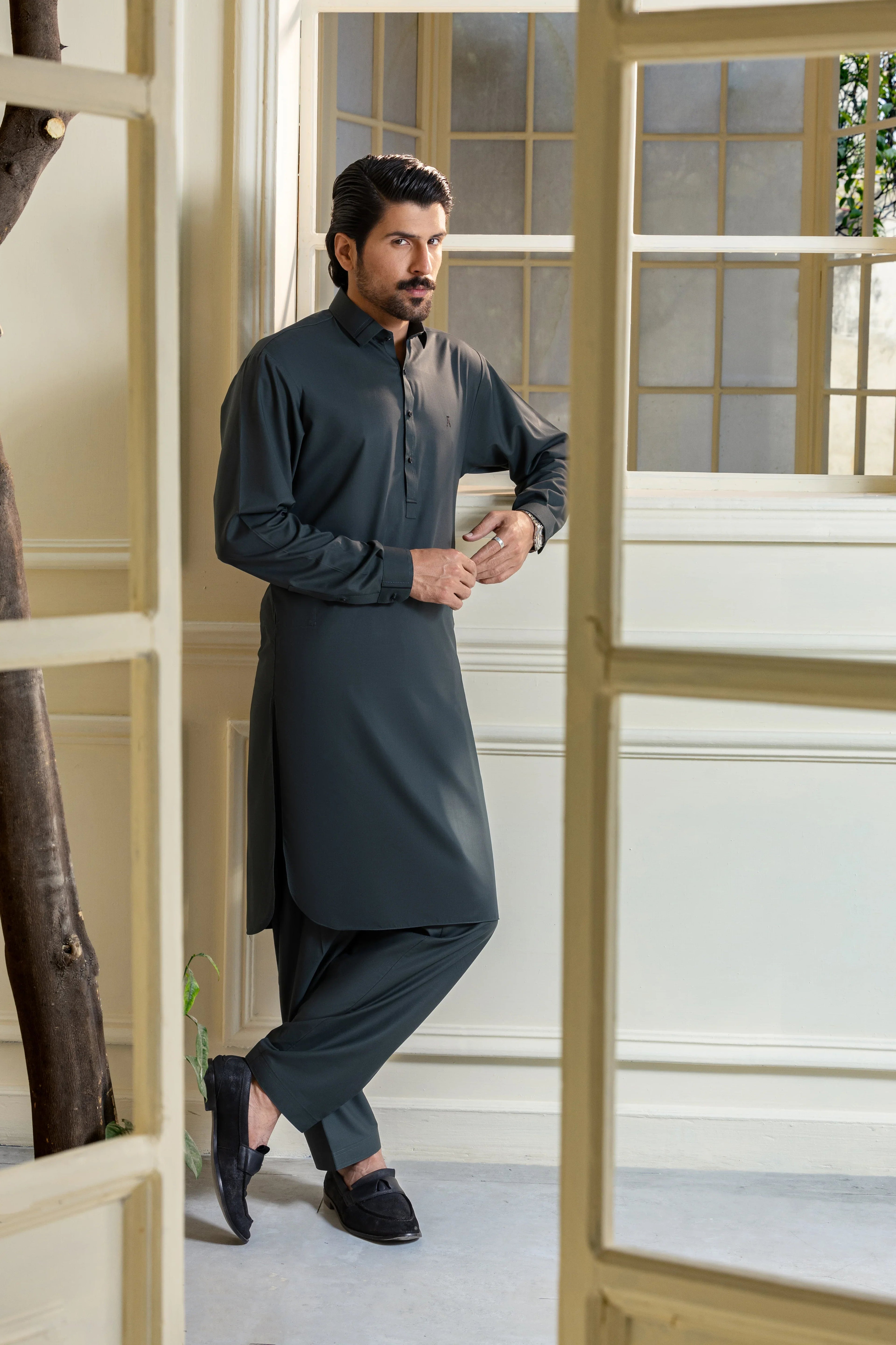 Stitched Collar Kameez Shalwar for Men - Charcoal Grey
