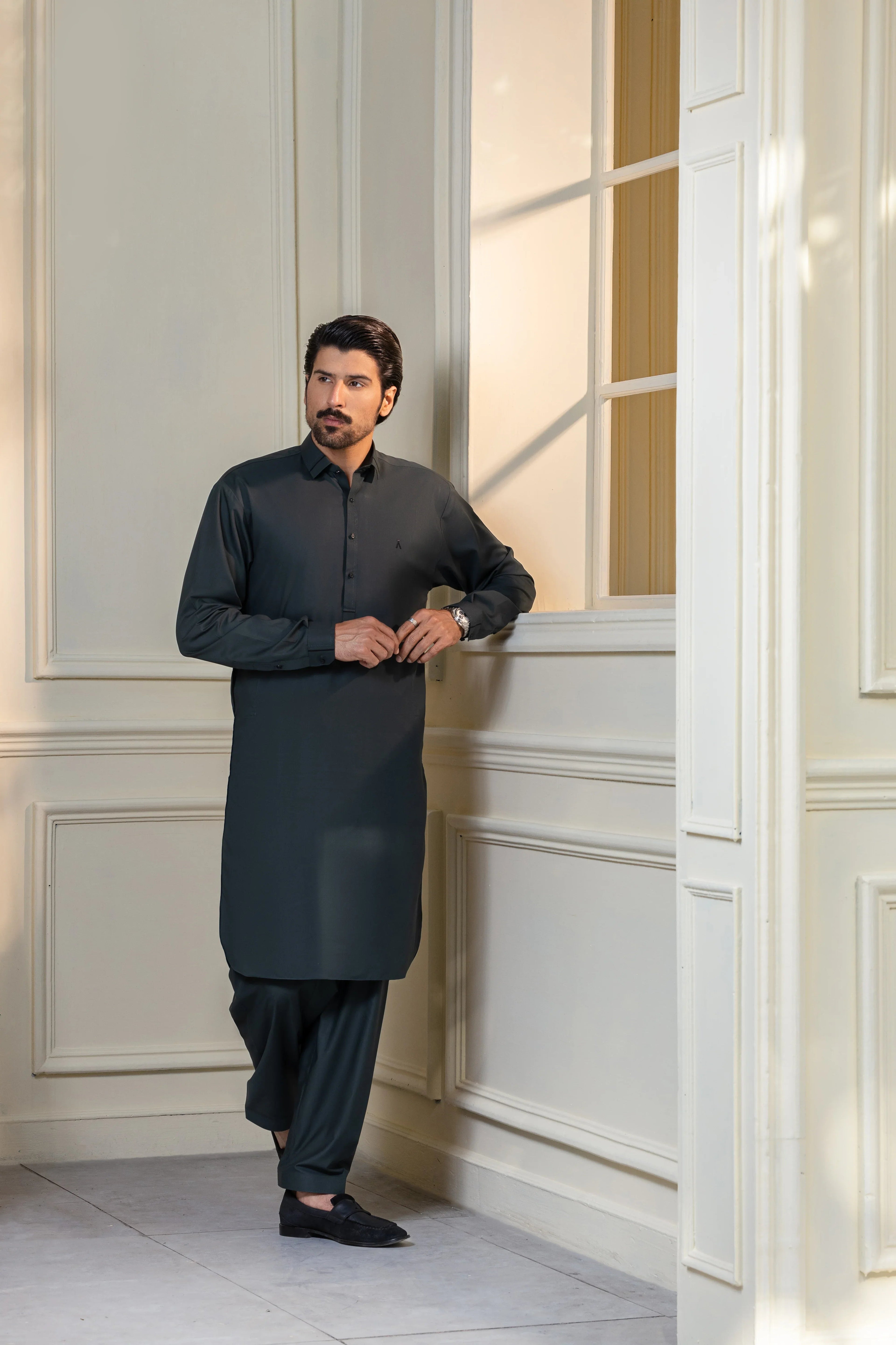 Stitched Collar Kameez Shalwar for Men - Charcoal Grey