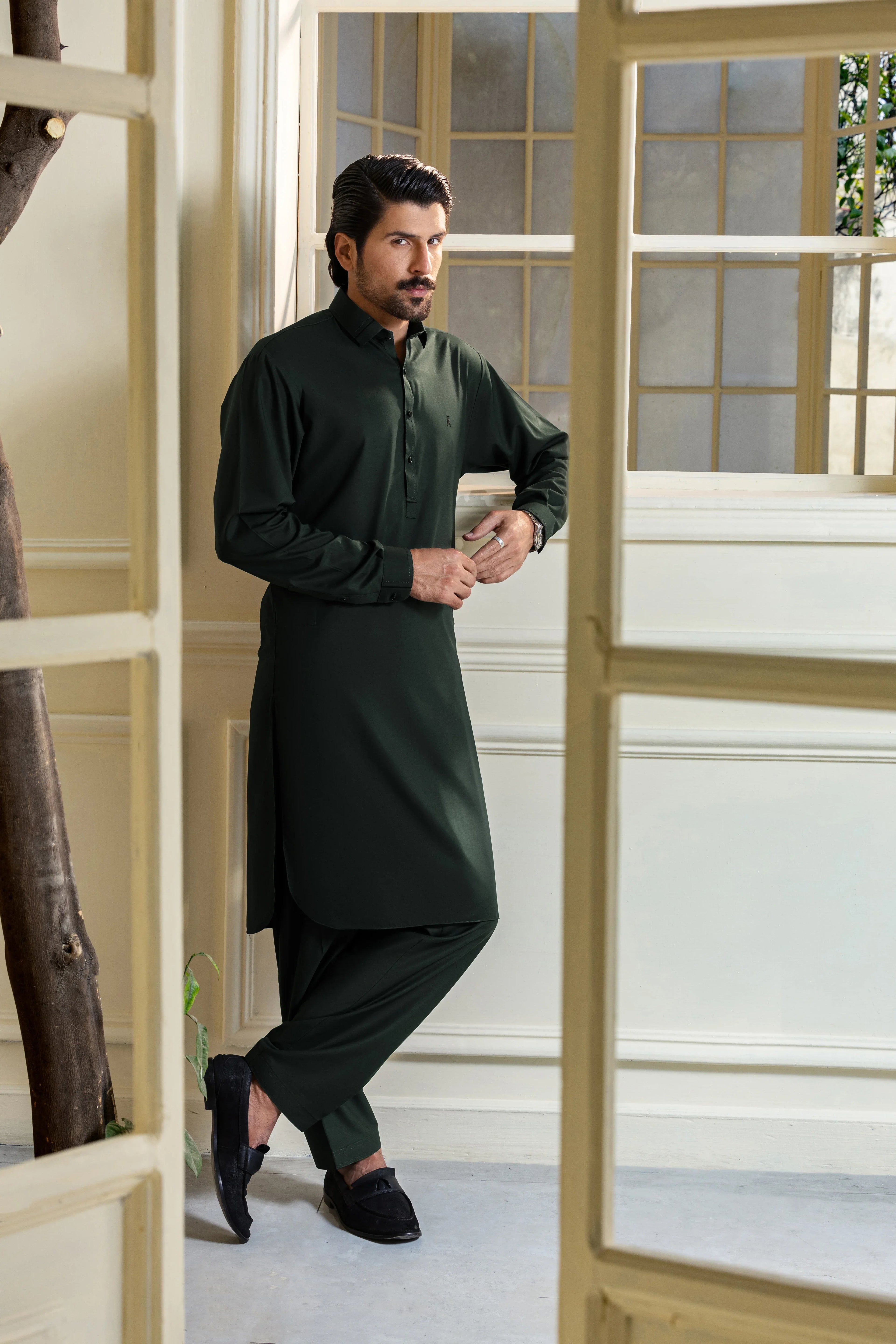 Stitched Collar Kameez Shalwar for Men - Emerald Green