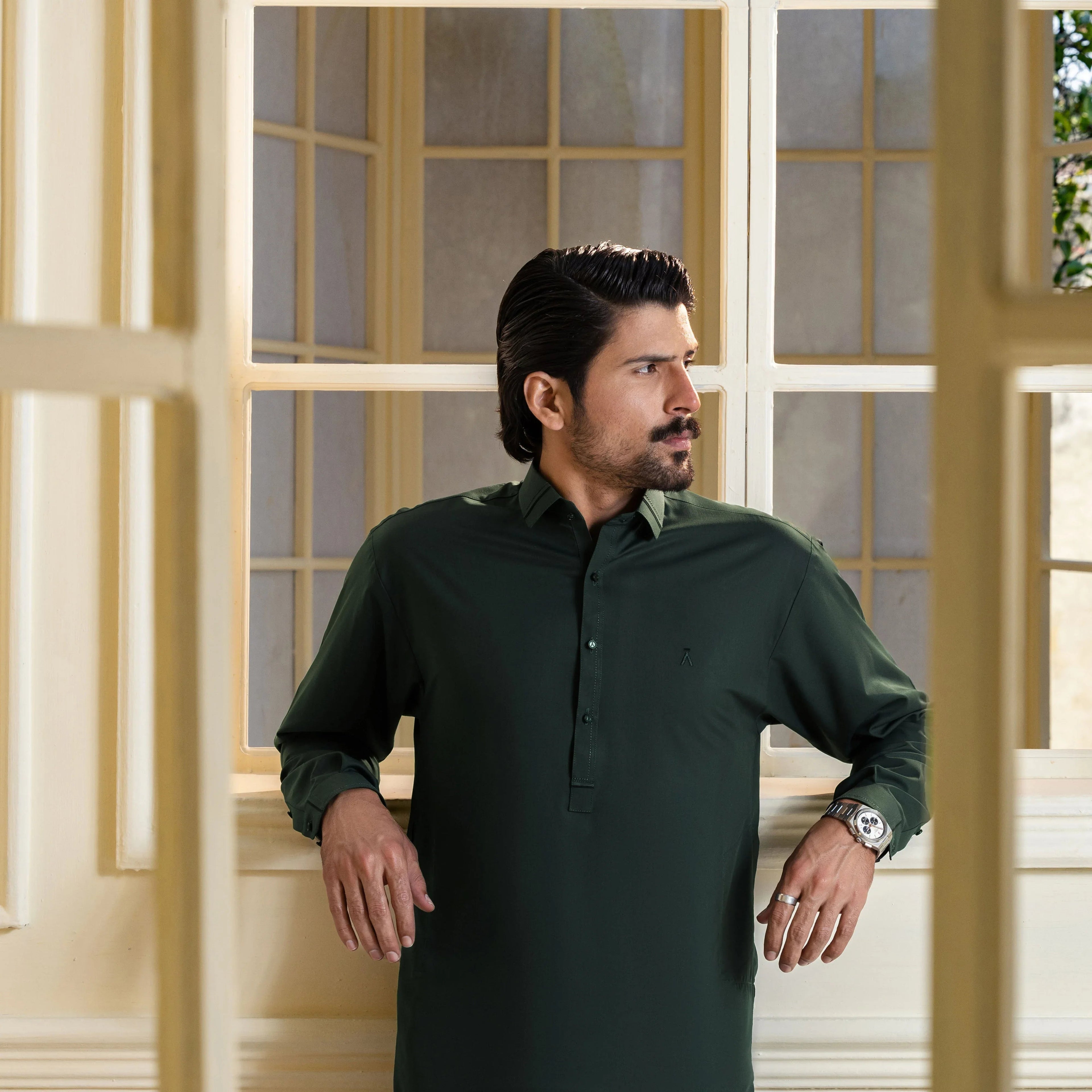 Stitched Collar Kameez Shalwar for Men - Emerald Green