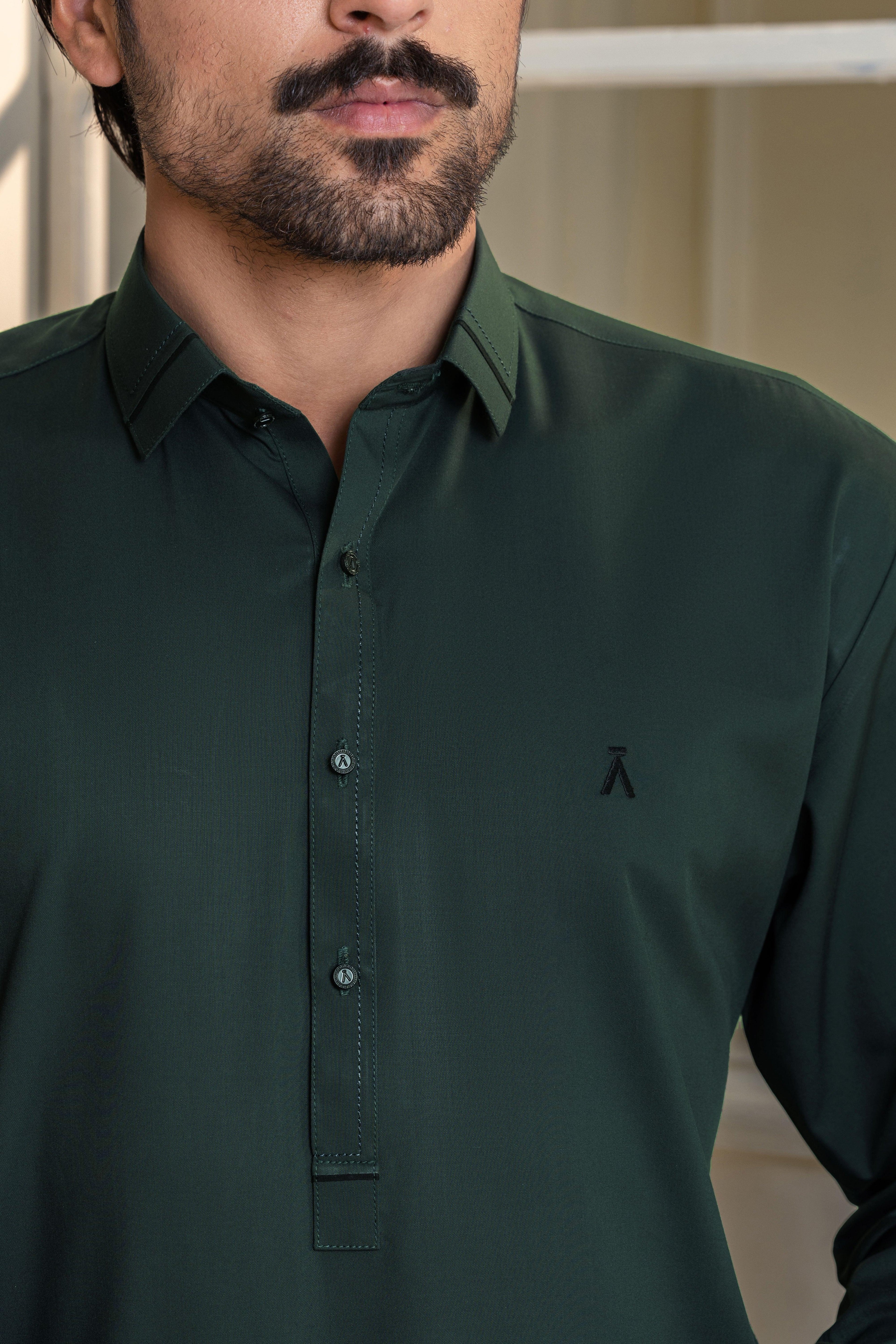 Stitched Collar Kameez Shalwar for Men - Emerald Green