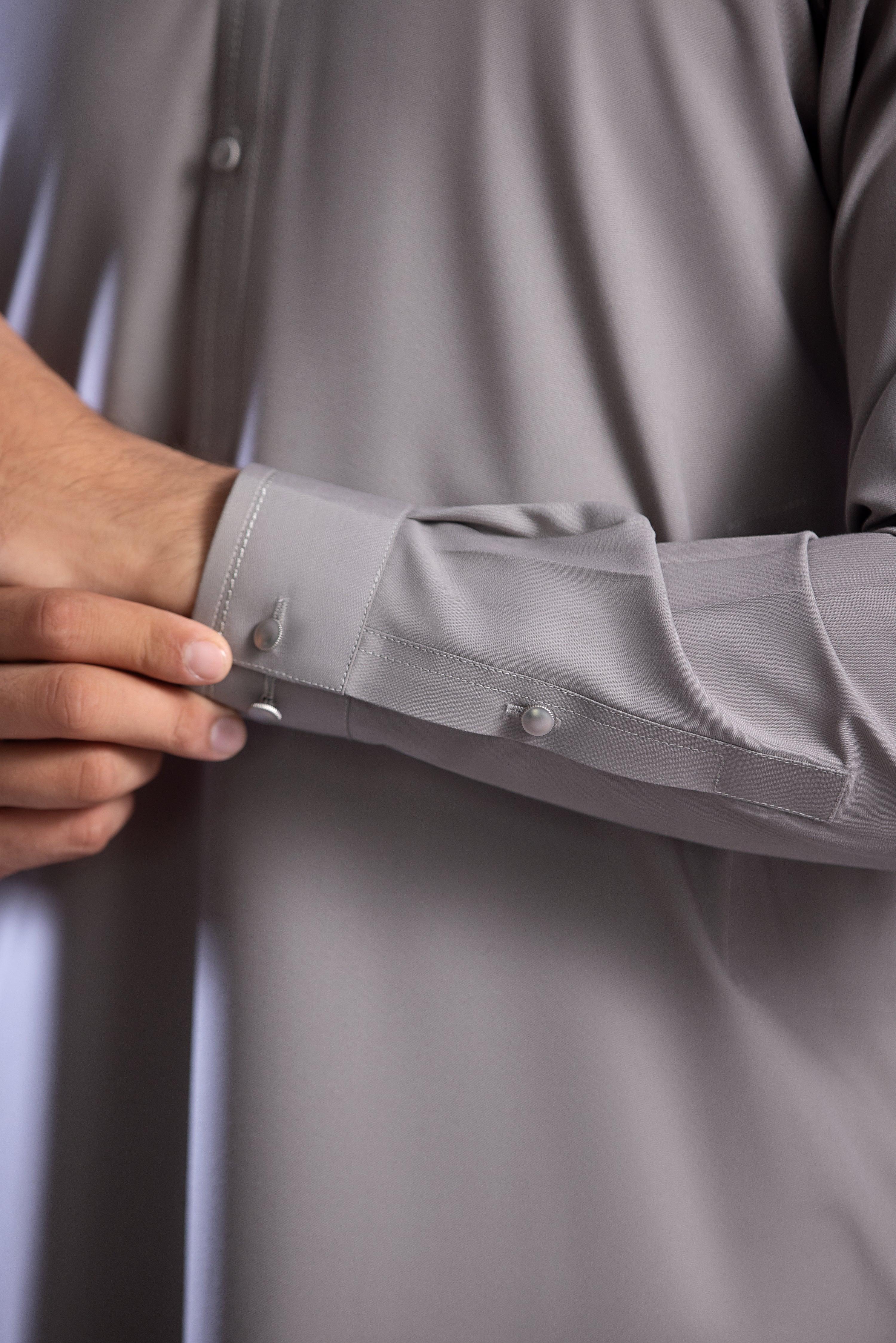 Stitched Collar Kameez With Matching Shalwar for Men - Light Grey