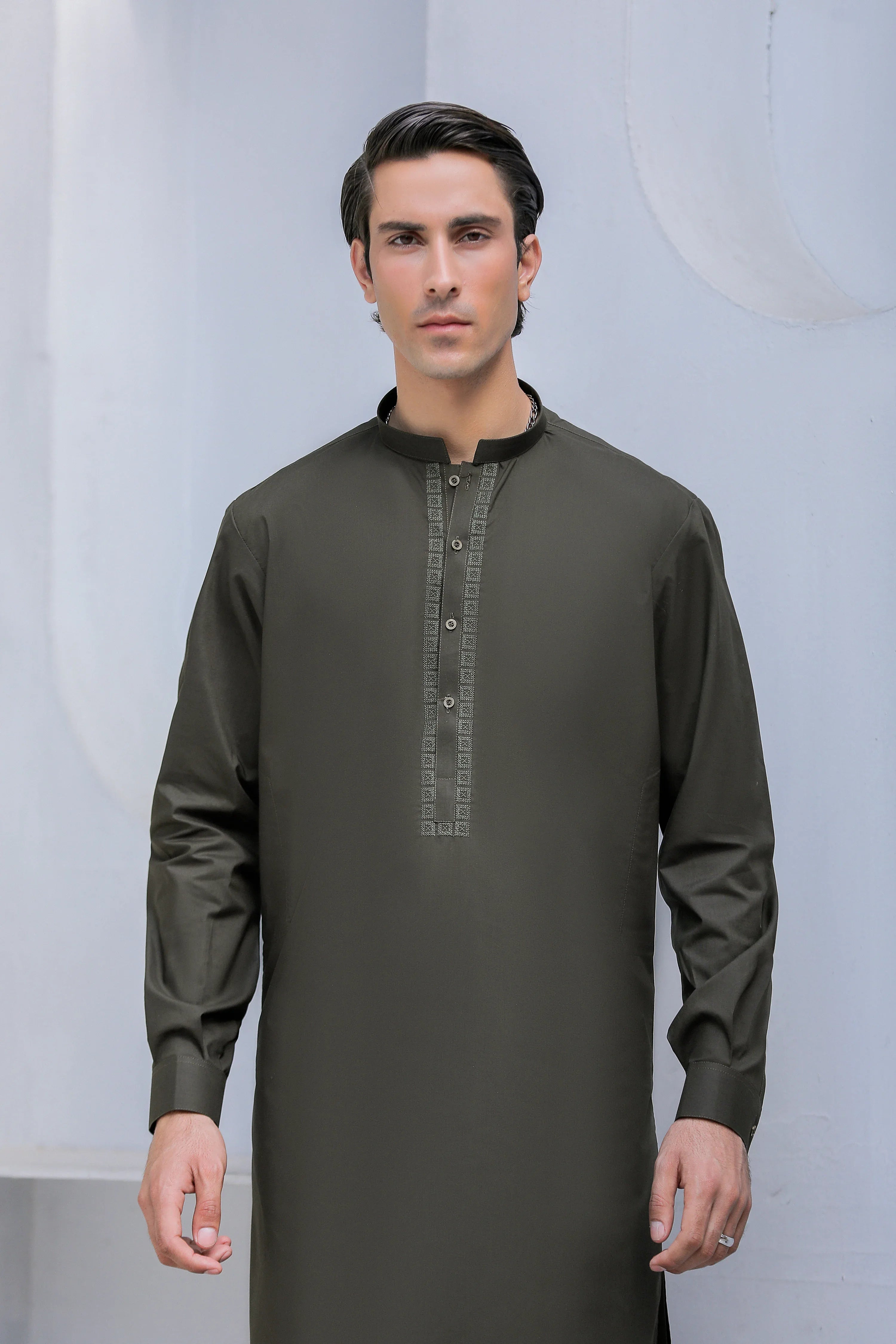 Stitched Cross Stitch Embroidered Kurta Shalwar for Men - Dark Olive