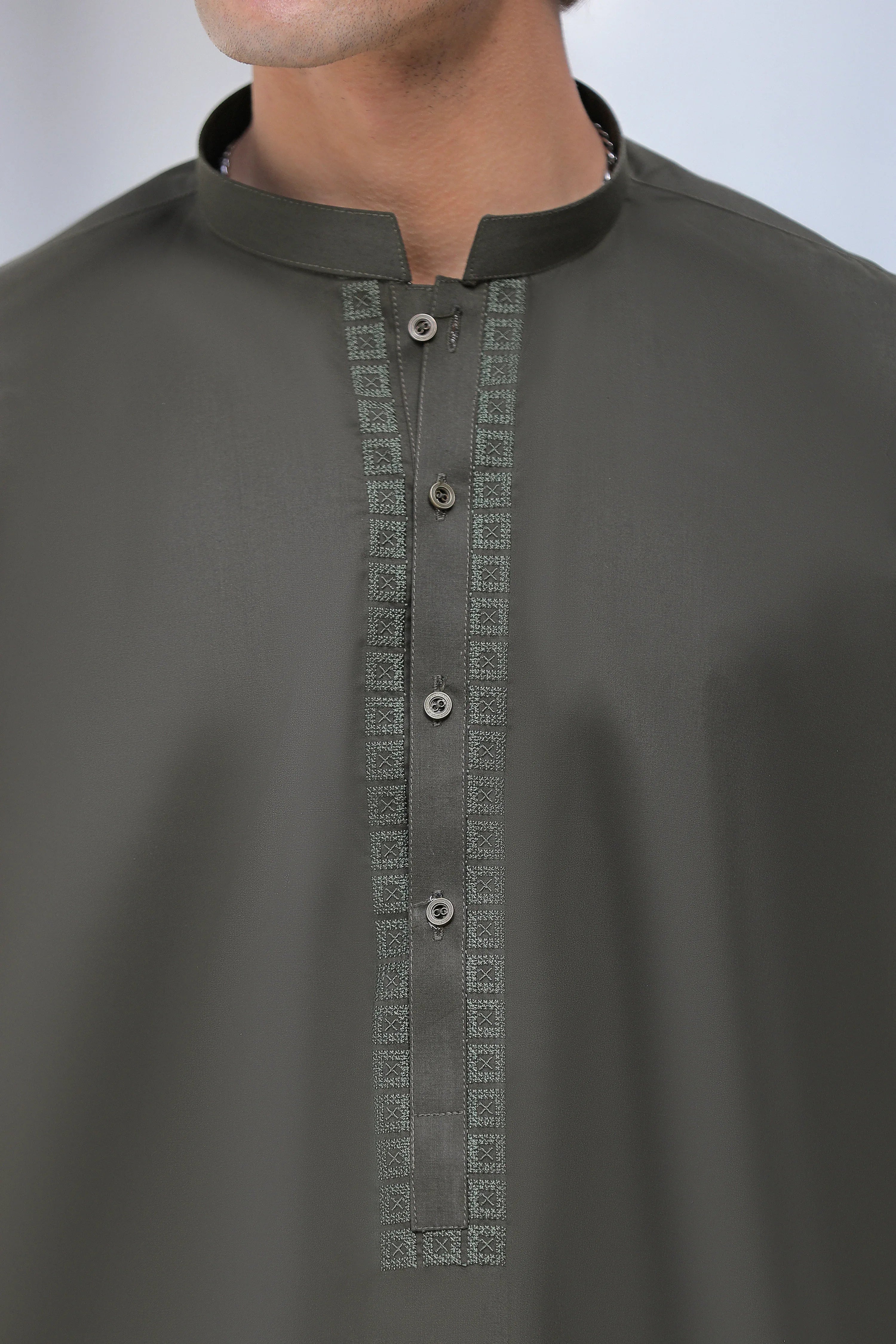 Stitched Cross Stitch Embroidered Kurta Shalwar for Men - Dark Olive
