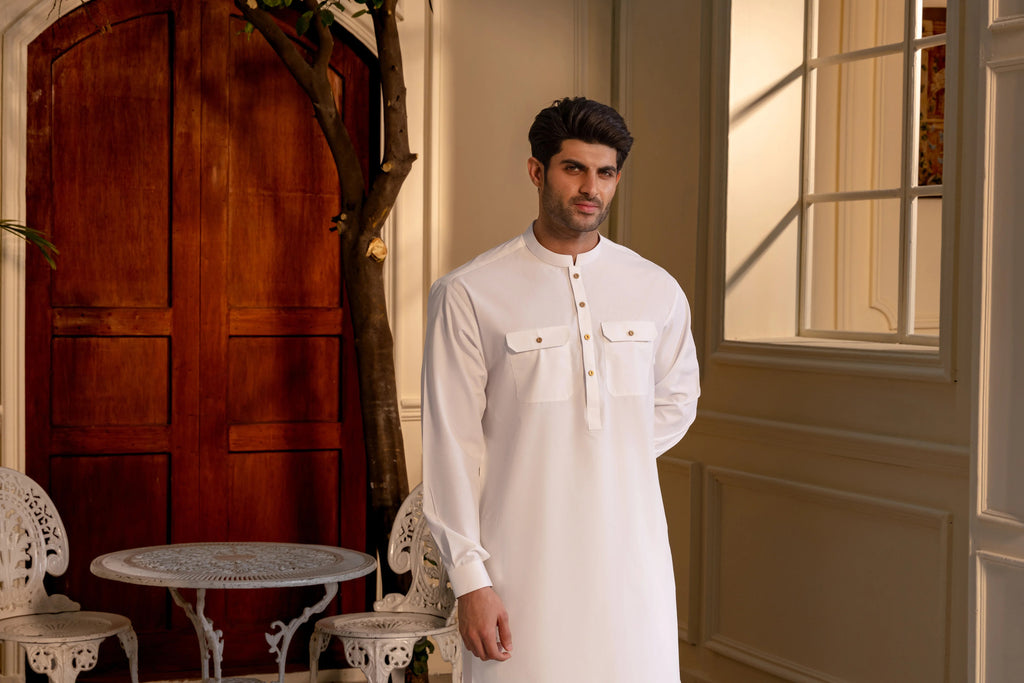 Stitched Double Pocket Boski Kurta Trouser With Contrast Metal Buttons for Men - Off White | Black | Bottle Green