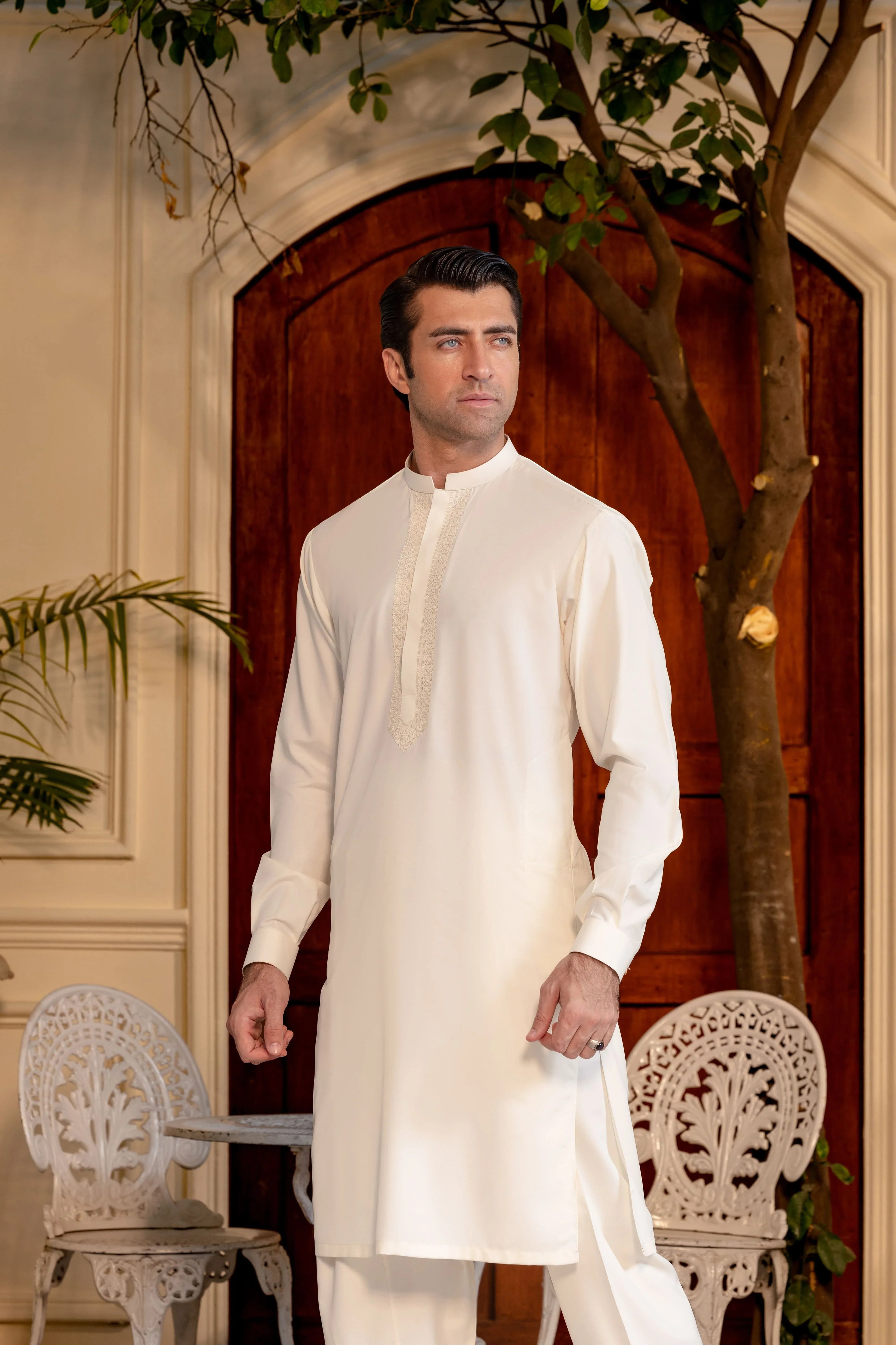 Stitched Elegant Boski Embroidered Kurta With Matching Shalwar for Men - Cream