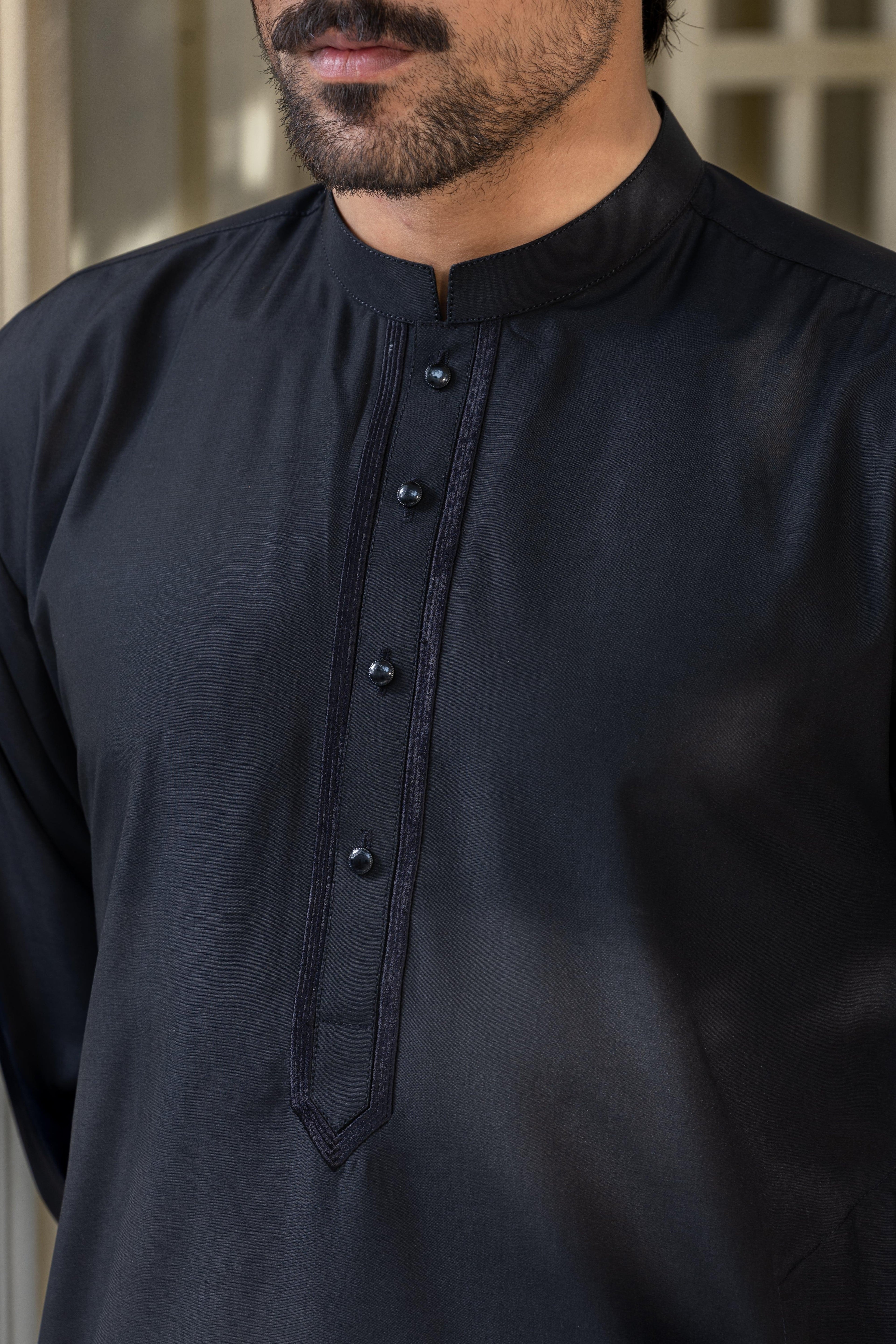 Stitched Embroidered Kurta With Matching Trousers for Men - Deep Black